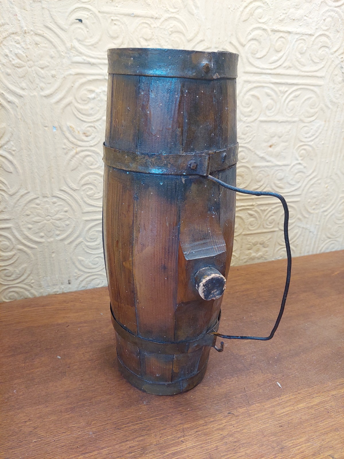 Vintage French Wooden Barrel Keg With Iron Banding