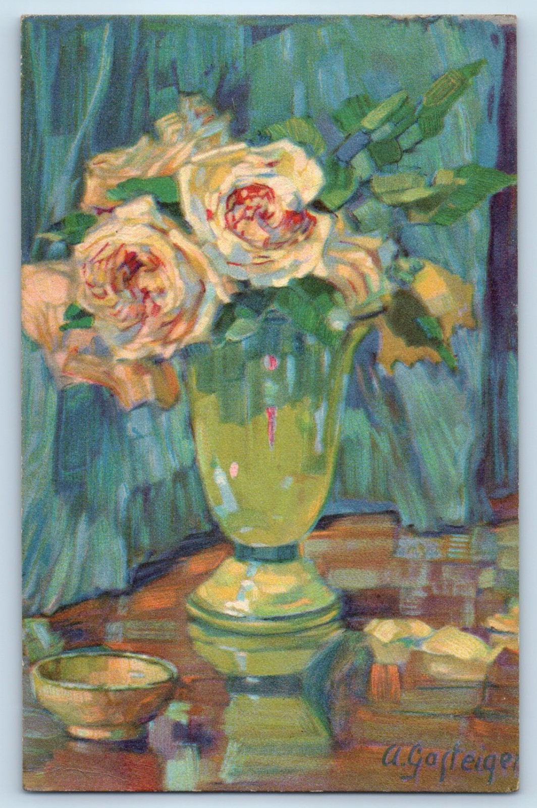 c1910's Roses Flowers In Green Vase Art Signed Artist Antique Posted Postcard c1910's Roses Flowers In Green Vase Art Signed Artist Antique Posted Postcard
