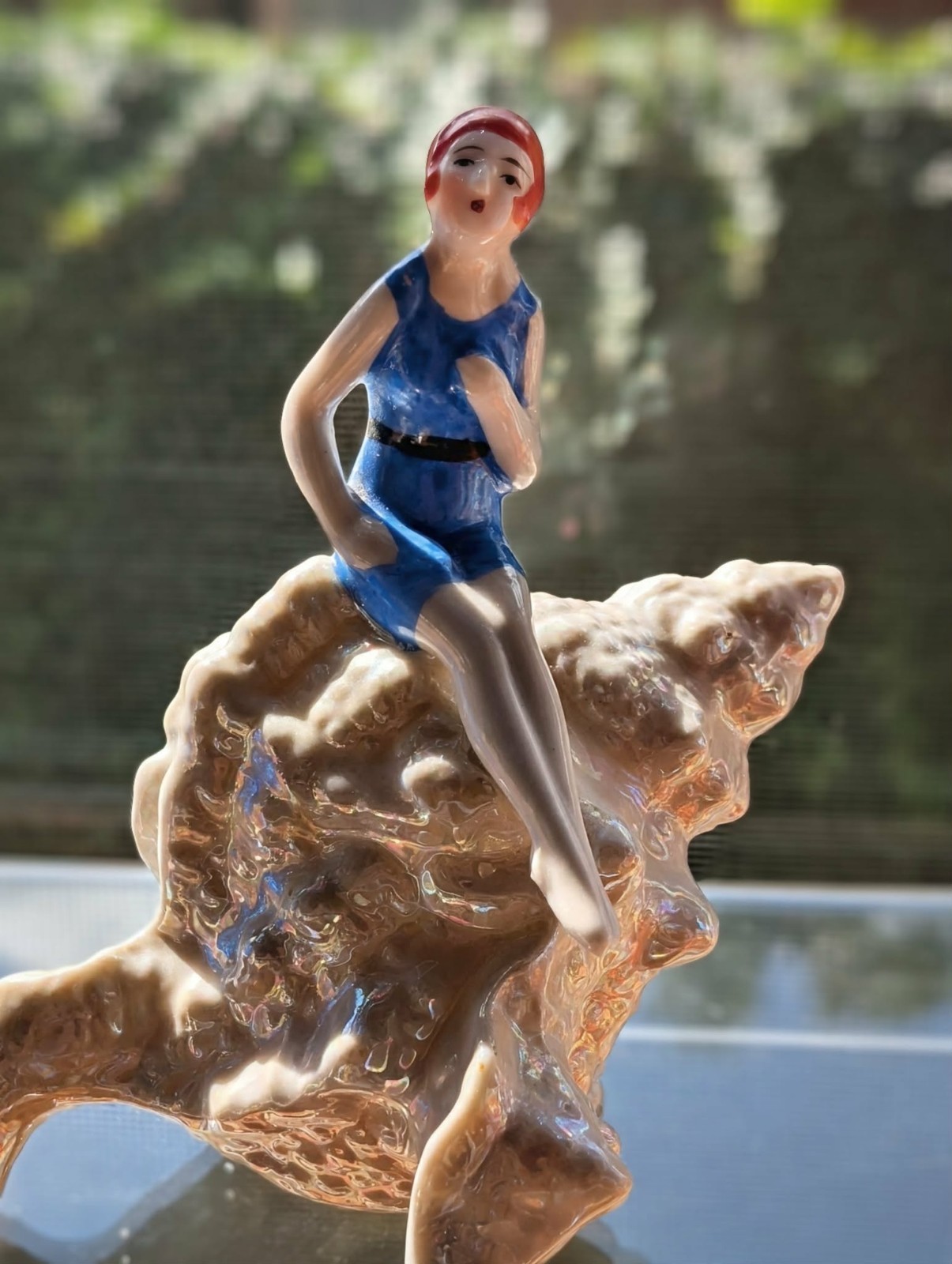 Japanese Art Deco Era Porcelain Bathing Beauty On a Sea Shell Figurine Souvenir Japanese Art Deco Era Porcelain Bathing Beauty On a Sea Shell Figurine Souvenir