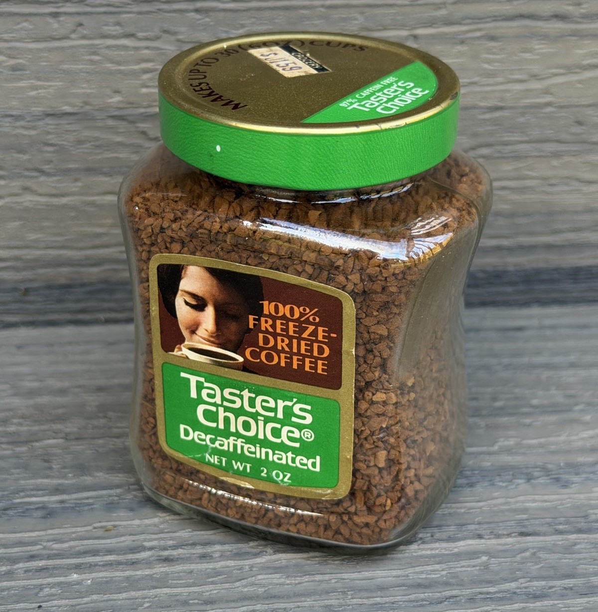 Vintage 1979 Taster’s Choice Decaffeinated Instant Coffee 2oz Glass Jar - SEALED Vintage 1979 Taster’s Choice Decaffeinated Instant Coffee 2oz Glass Jar - SEALED