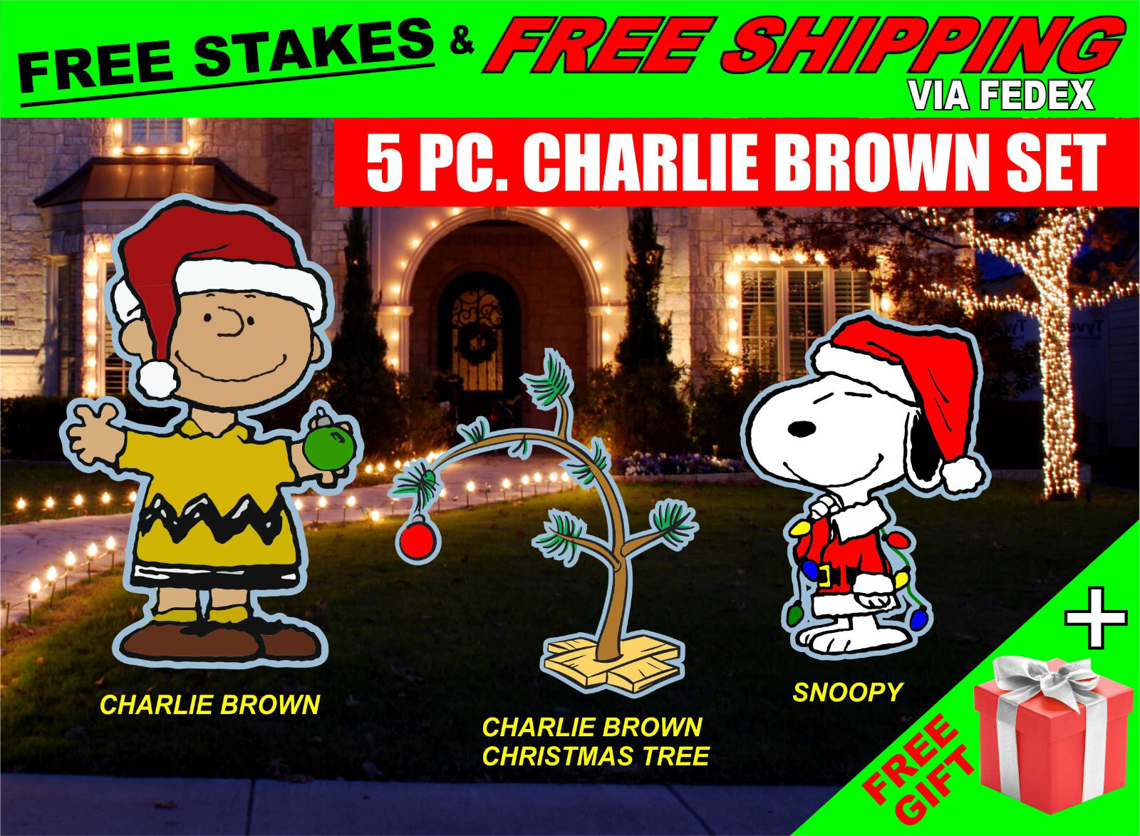Big yard signs - Peanuts - Charlie Brown - Christmas lawn décor Set 5pcs