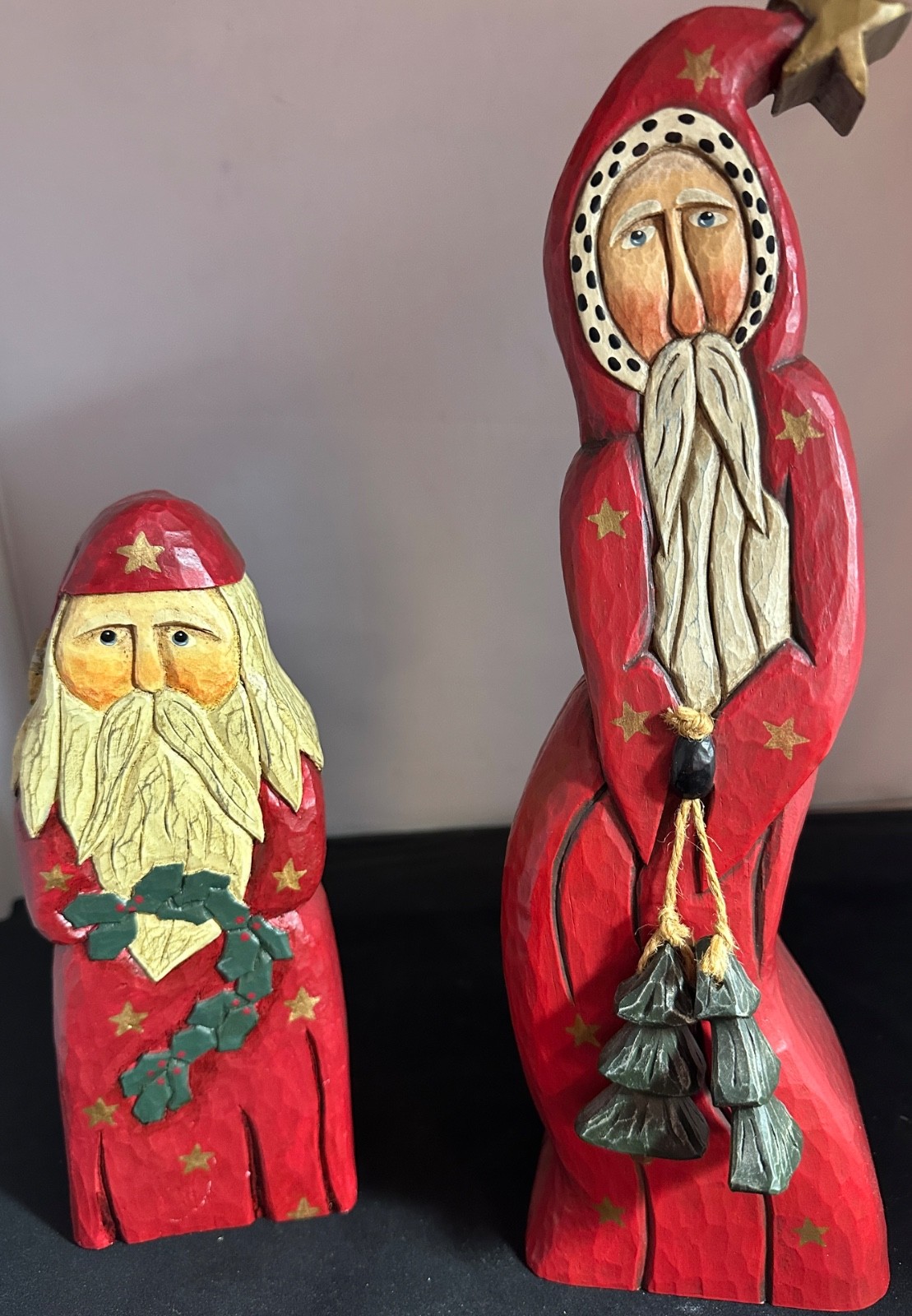 TWO Vintage Lori Miller Santa Figures Christmas Whispering Pines carvings