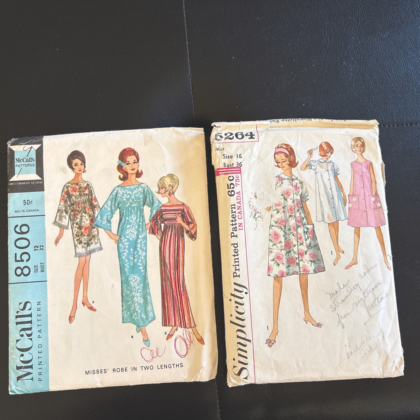 2 VTG 60\'s Robe: McCall’s8506 Sz 12 Unct towelRobe+ Simp 5264 S16 RobeDress