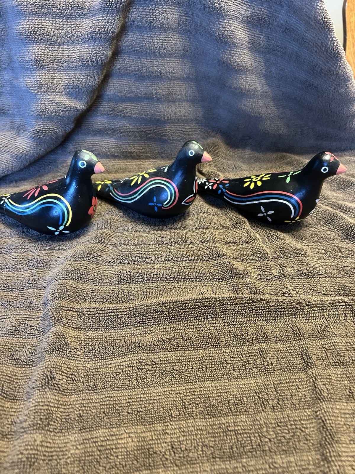 Vintage Tonala Mexican Folk Art Hand Painted Pottery Birds Set of 3