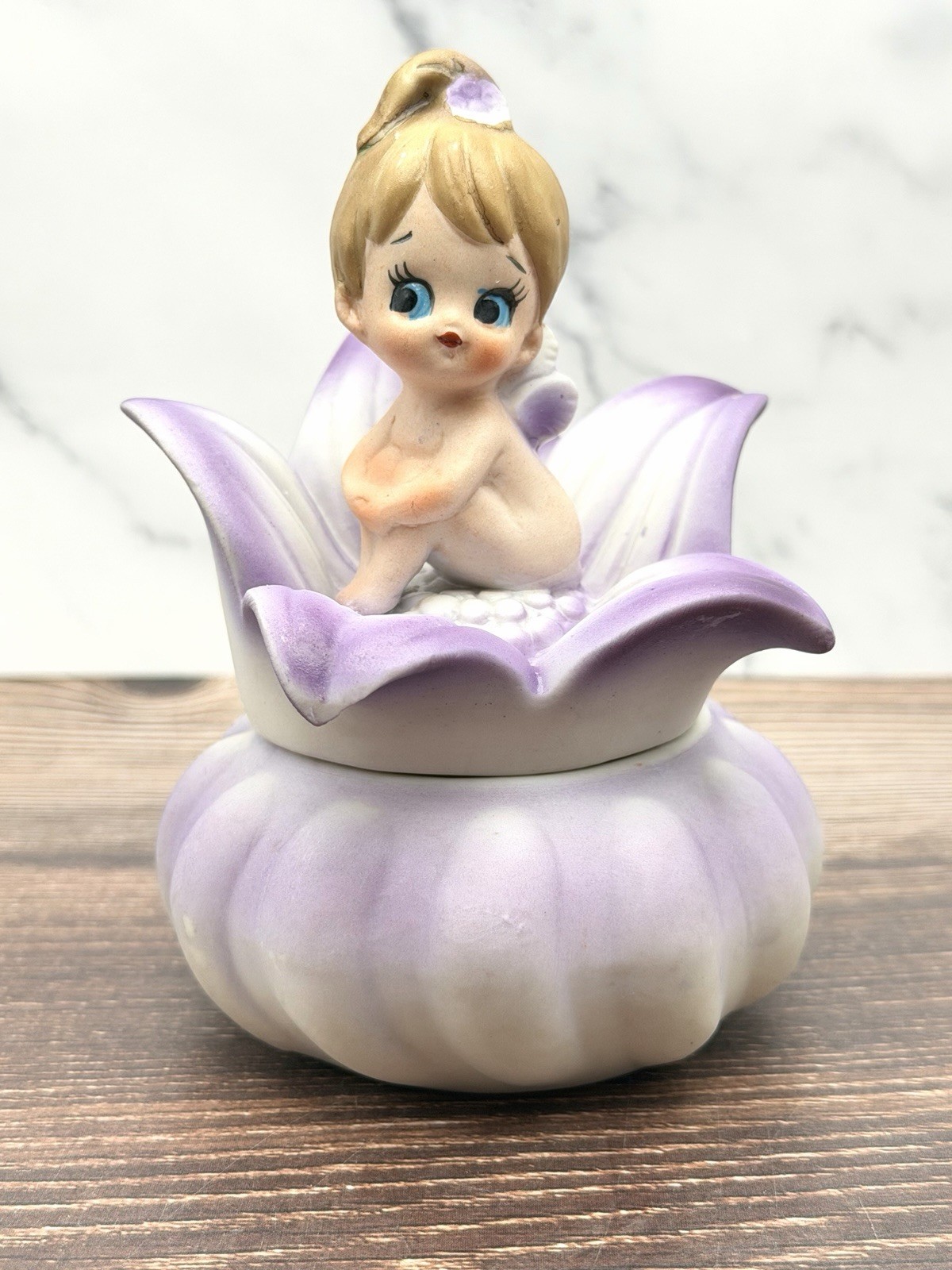 Vintage Purple Fairy Flower Lidded Trinket Box Kitschy Made In Japan