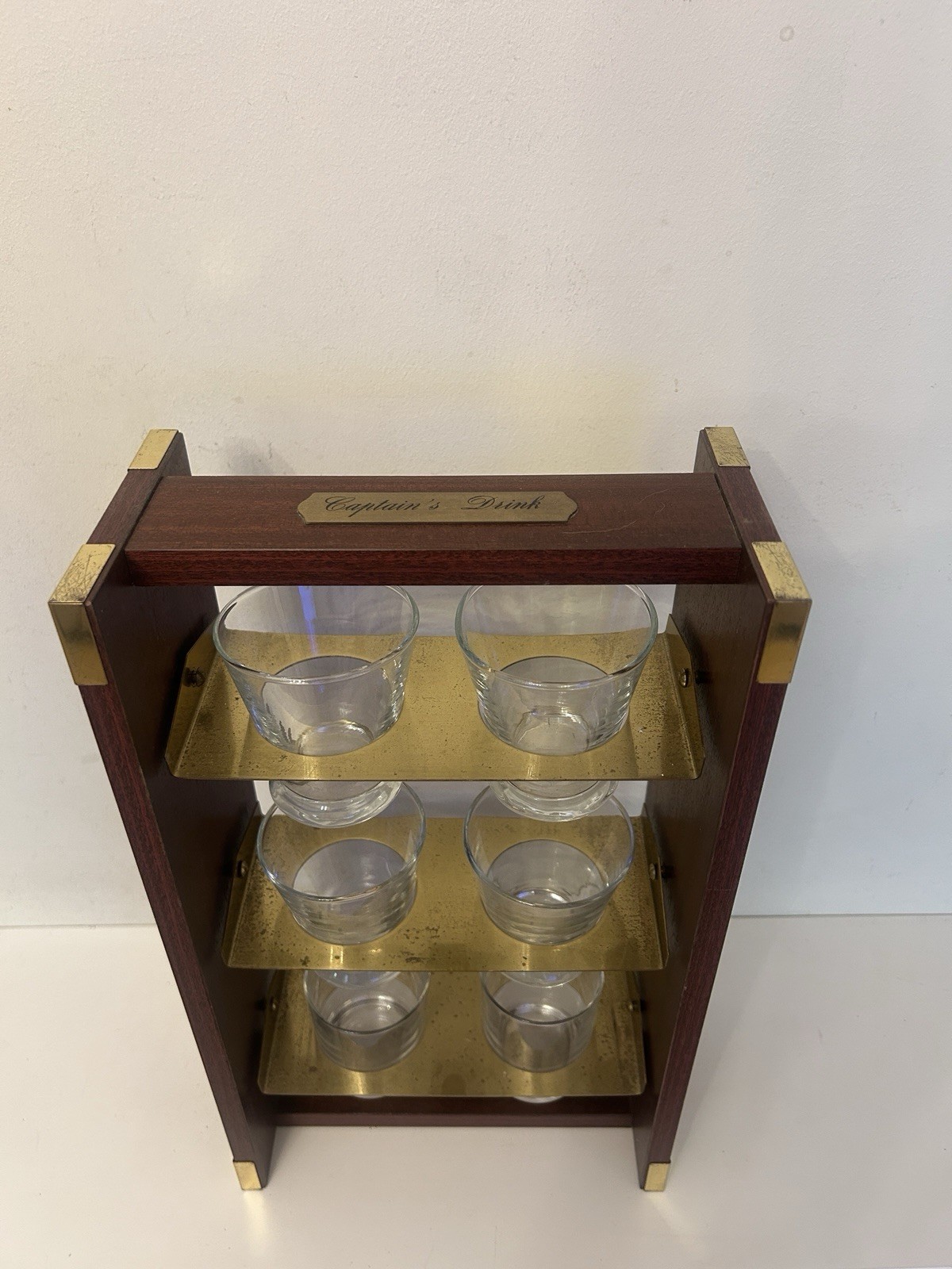 Vintage “Captain’s Drink” Nautical Bar Set – Wood & Brass Rack with 6 Glasses
