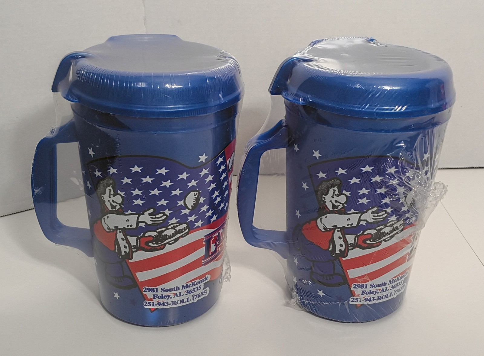 NEW Insulated BLUE Mug LAMBERT'S CAFE Heads Up THROWED ROLLS 32oz X2