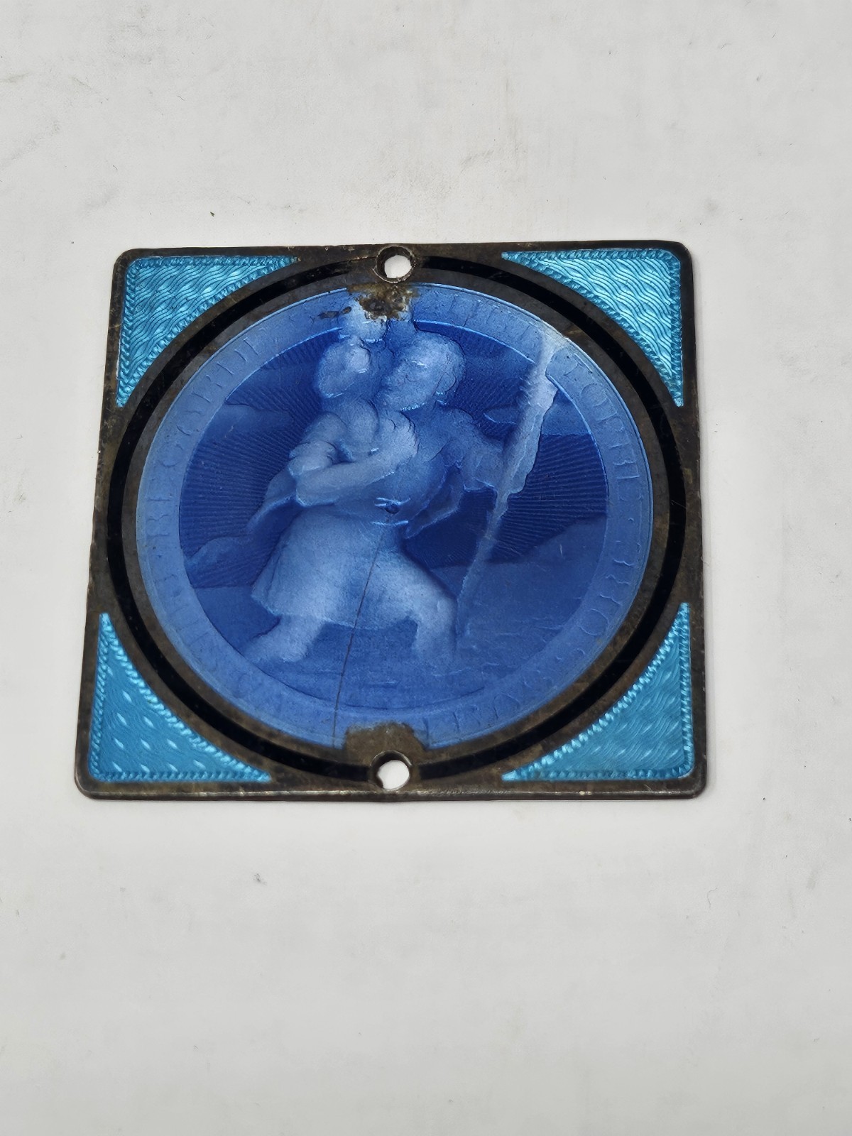 Antique Art Deco St Christopher Blue Guilloche Enamel Auto Car Dashboard Plaque Antique Art Deco St Christopher Blue Guilloche Enamel Auto Car Dashboard Plaque