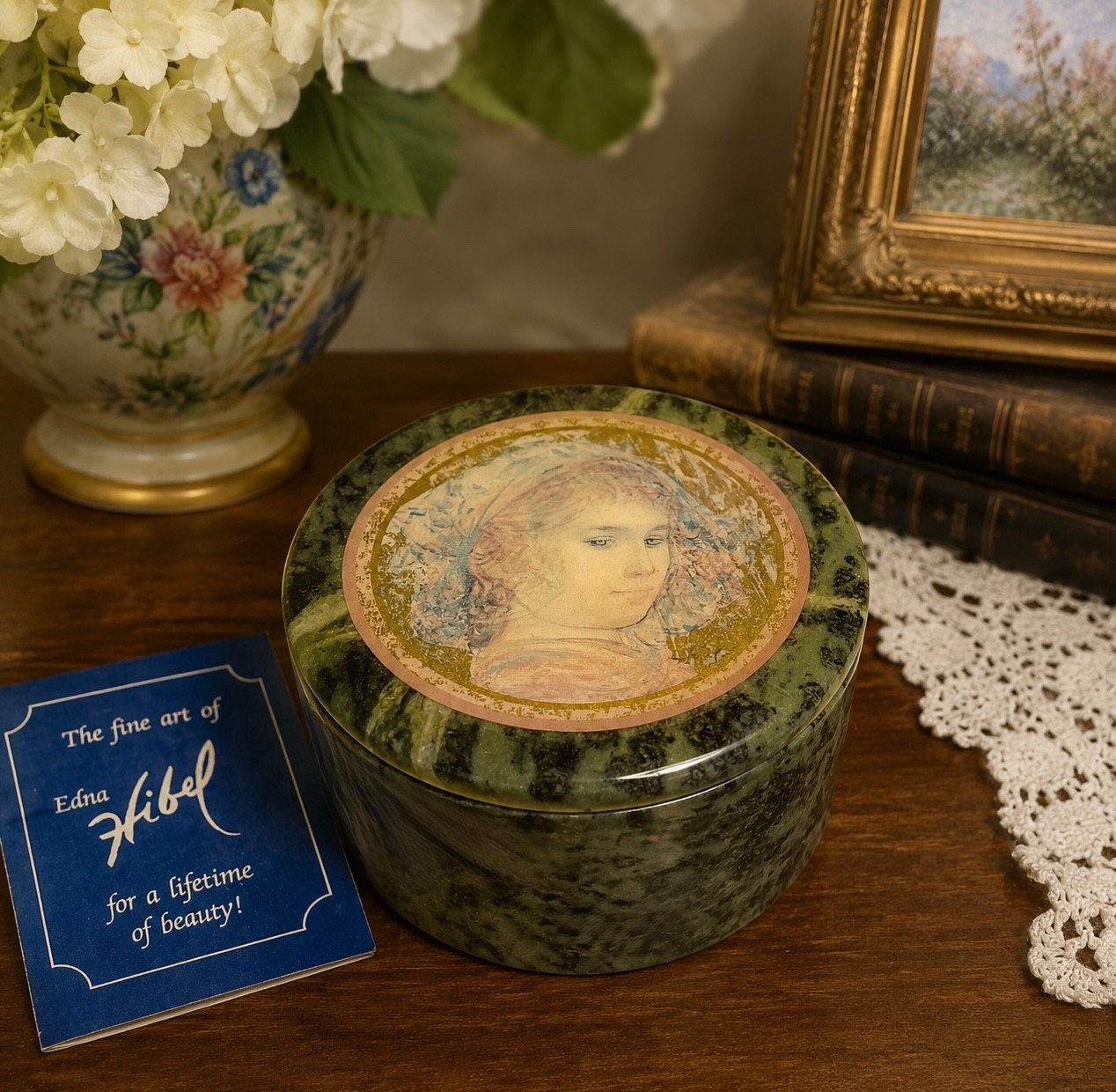 Girl In Veil Fine Art Trinket Box Edna Hibel Round Green Stone Marble w/  Tag