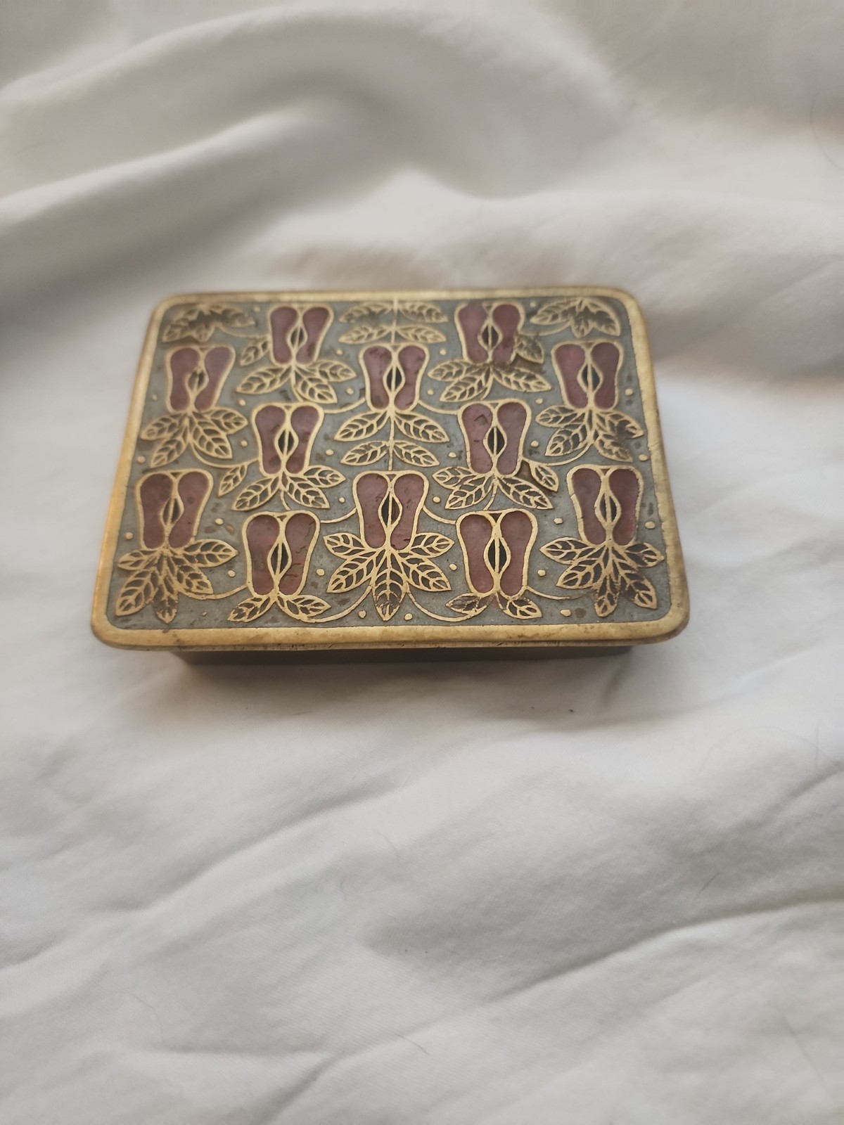 1910s Antique Art Nouveau Brass Enamel Trinket Box Floral Leaf Stamped 7765