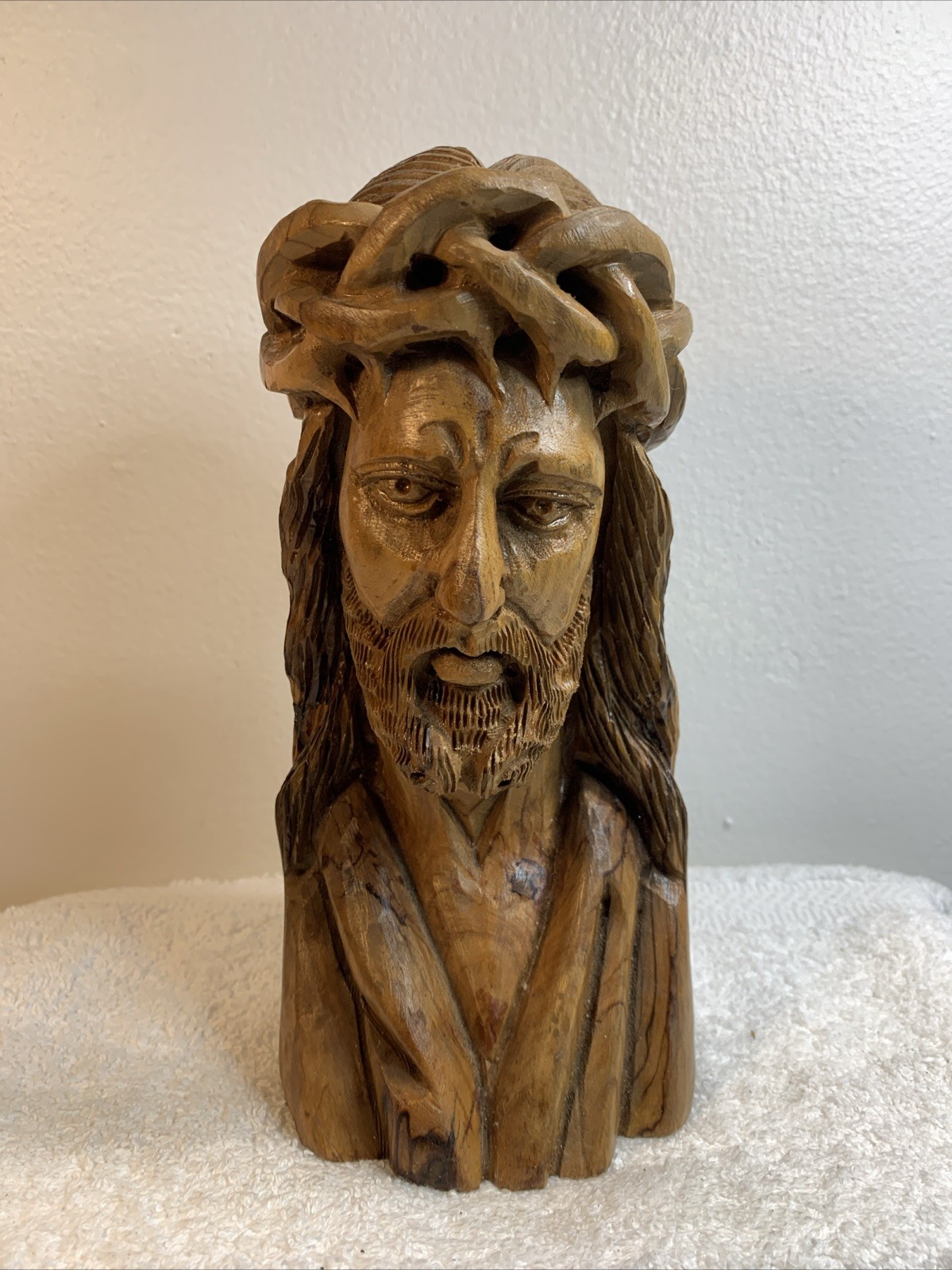 Anri Italy Vintage 80s Passion Jesus With Crown Of Thorns Wood Carved Bust 9”
