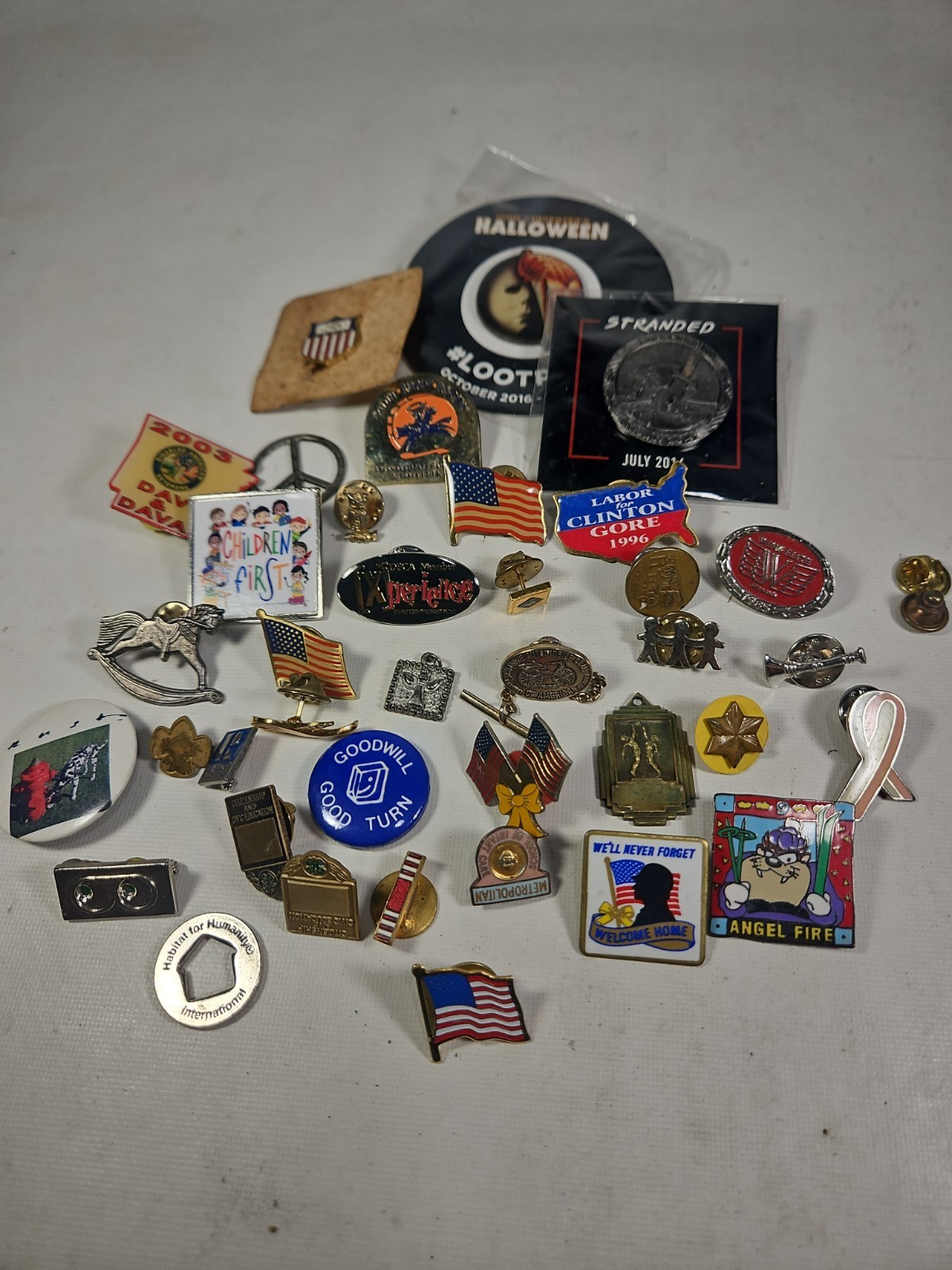 37 Vintage Modern Collectible Pin Lot Olympics Scouts 4H Flags Honda Train
