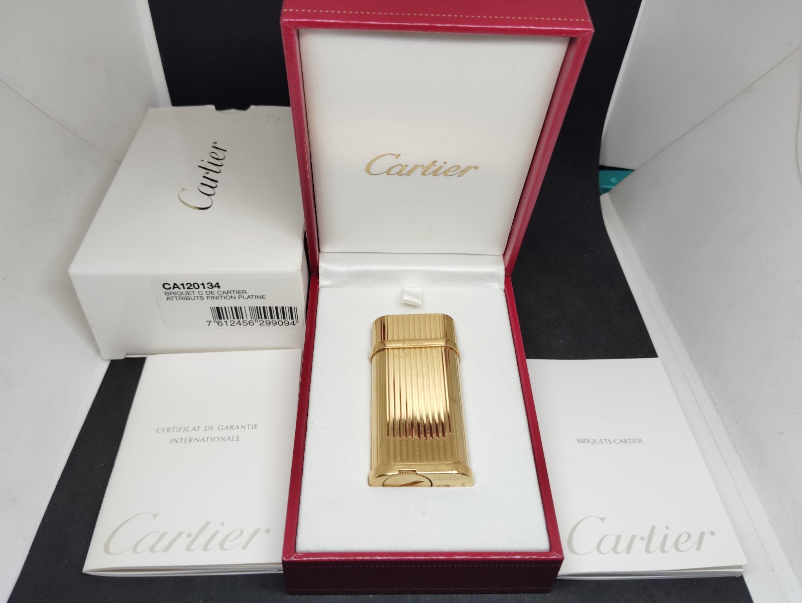 Vintage Cartier gas lighter Gold / Striped Godron with box.