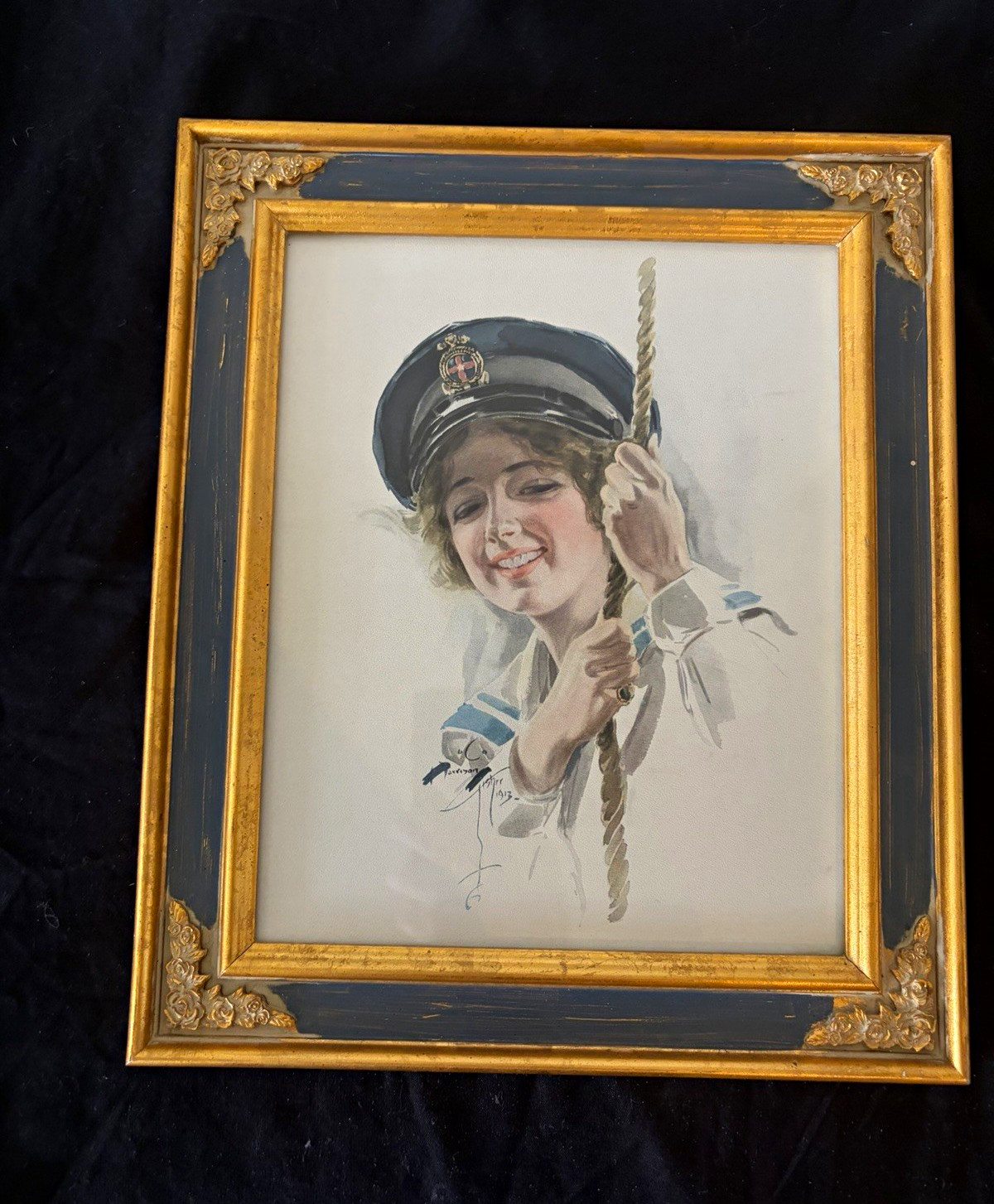Antique 1913 Harrison Fisher Yachting Girl Nash's Magazine Cover Print Framed