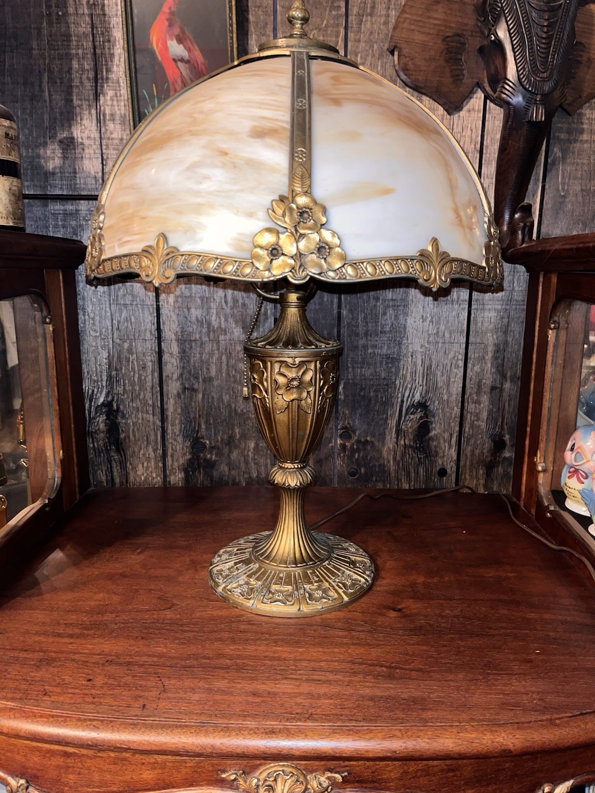 Stunning Antique Miller Slag Glass Lamp Dressed With Gold Detailing. Beautiful