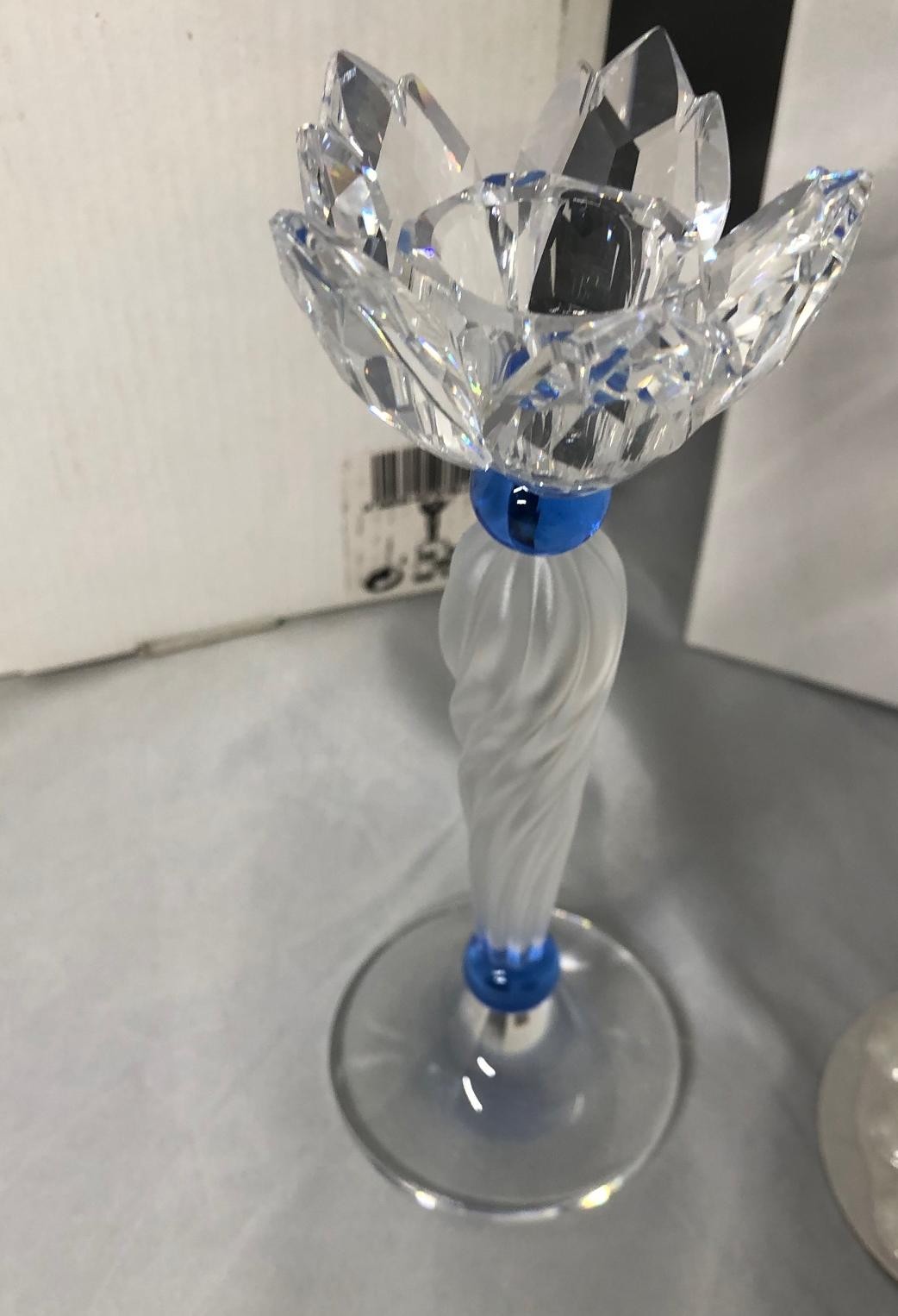 SWAROVSKI SILVER CRYSTAL BLUE FLOWER CANDLEHOLDER, #207012, RETIRED,  NEW IN BOX