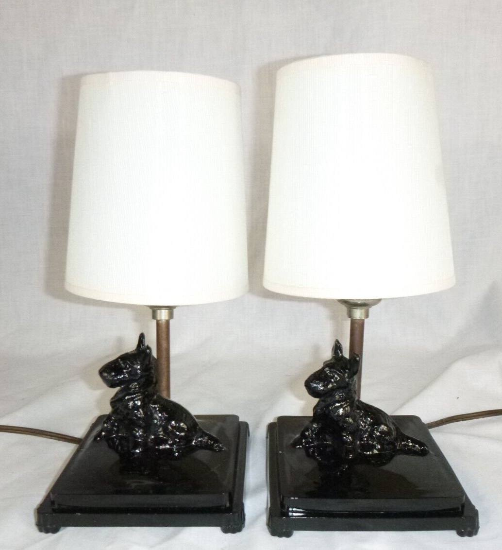Pr Vtg Small Black Glass Boudoir Lamps Scottie Dogs Scottish Terriers 6\