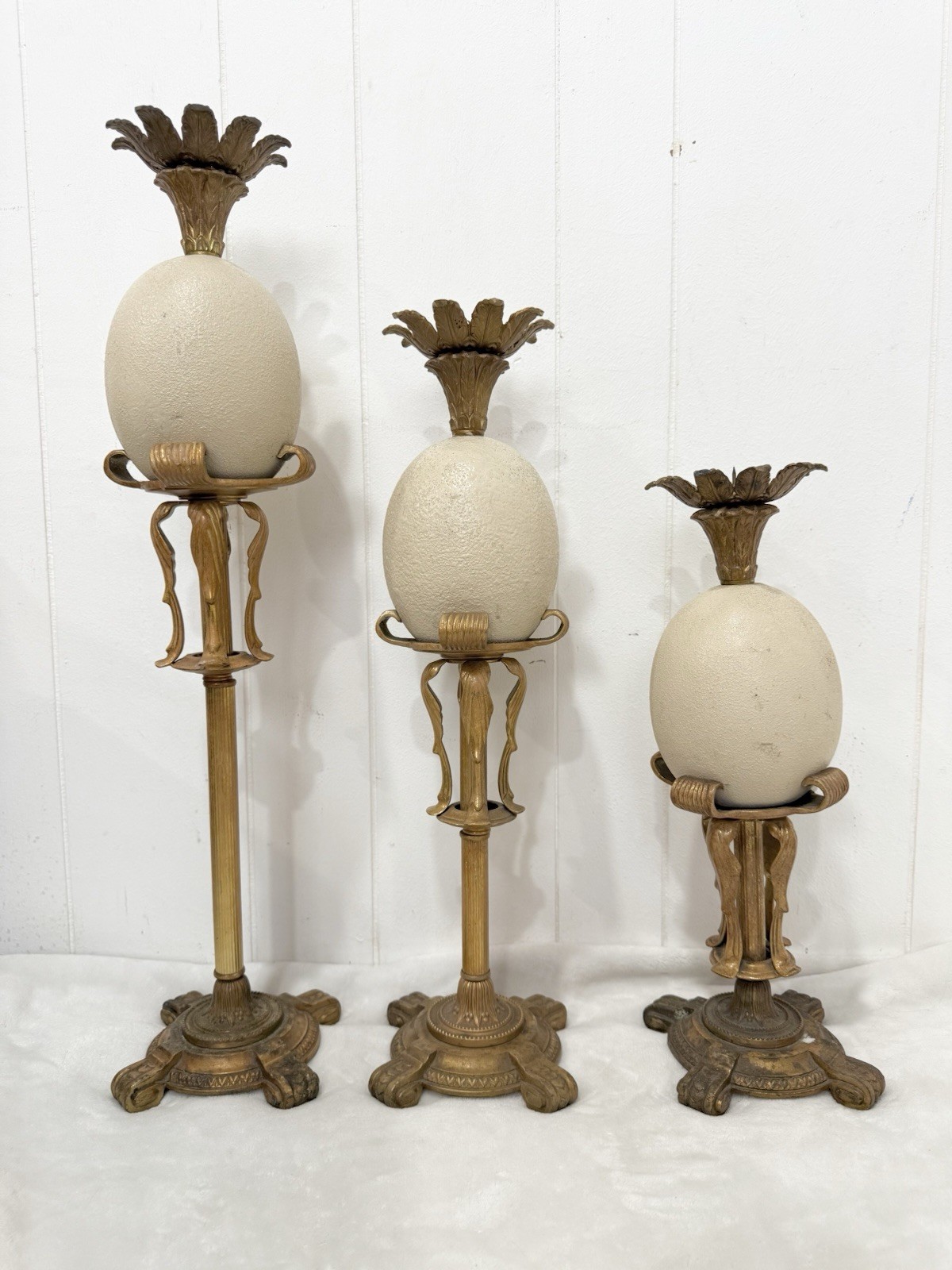 Vintage Genuine Ostrich Egg Candlestick Set 3 Gilt Metal Hollywood Regency MCM