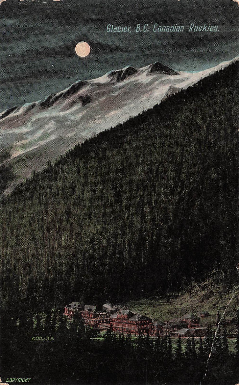 Glacier House Selkirk Mountains Canada Moonlight Railway Hotel Vtg Postcard H51
