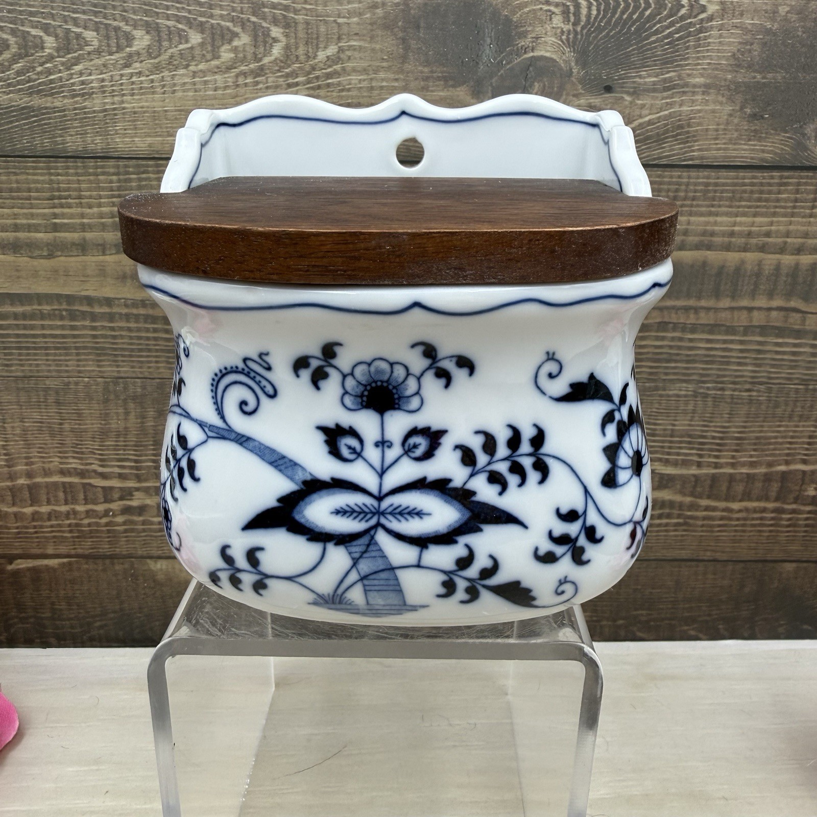 Vintage Japan Blue Danube Wall Salt Box Cellar Blue and White Wood Lid Vintage Japan Blue Danube Wall Salt Box Cellar Blue and White Wood Lid