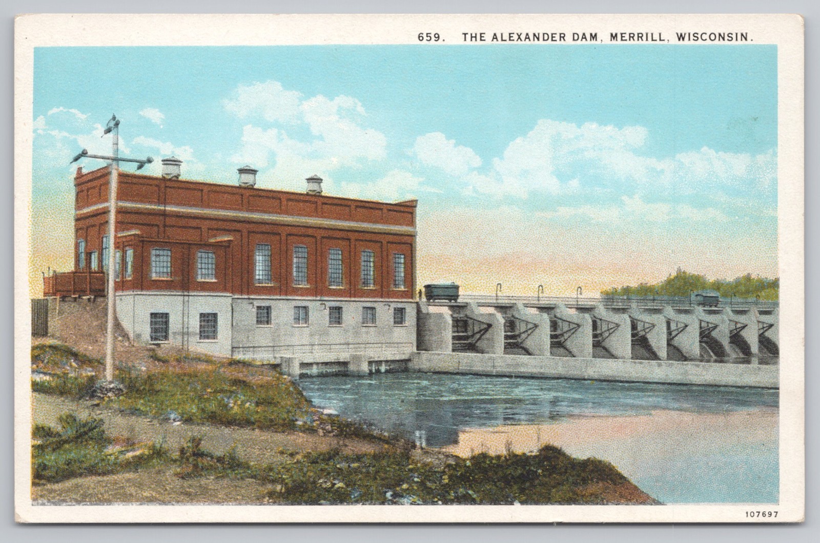 Vintage Merrill, WI Postcard Alexander Dam c.1920s Wisconsin River Trolley Cars