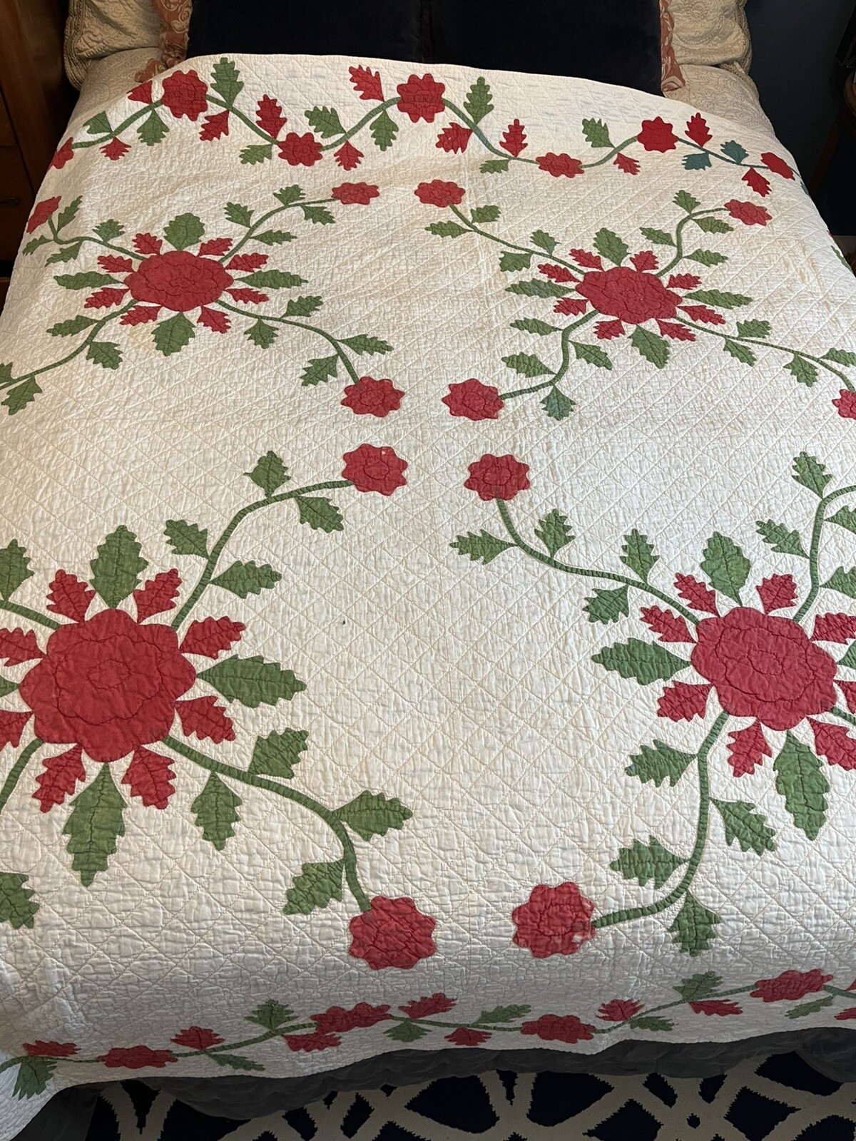 Antique Quilt Appliqué Floral Whig Rose Handstitched Heirloom
