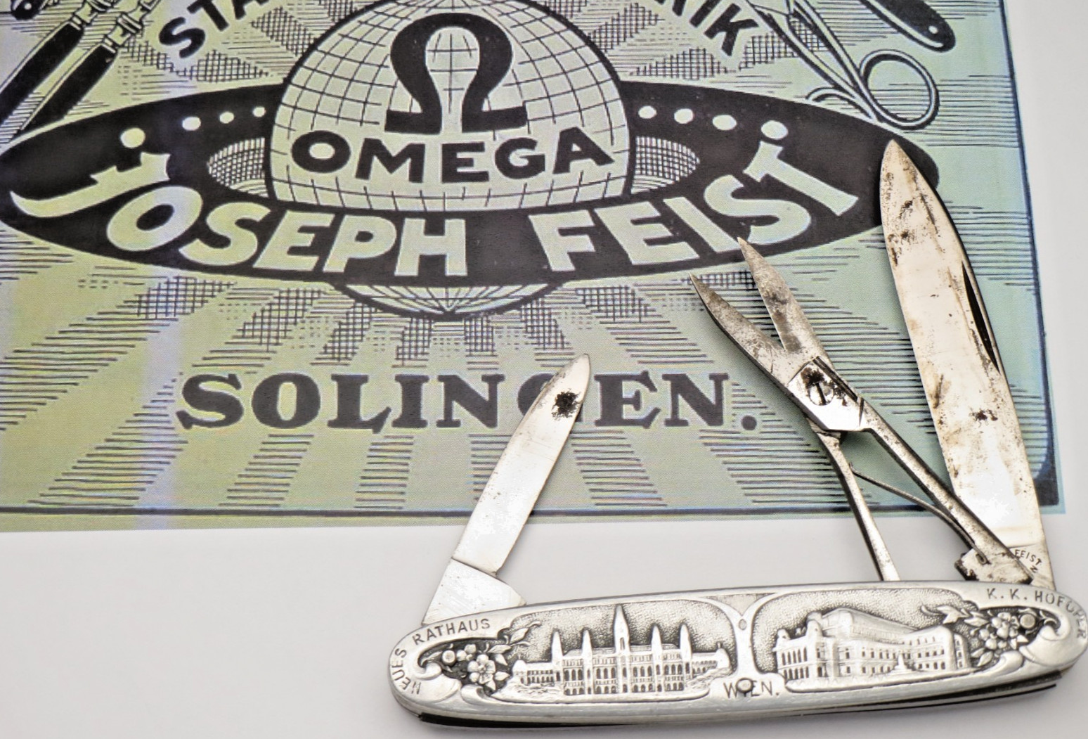 Vintage JOSEPH FEIST SOLINGEN Cigar Pattern Multiblade Knife Sculpted Metal