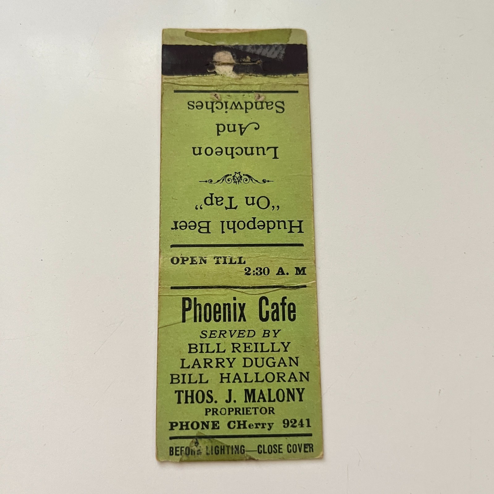 Phoenix Cafe Served By Bill Reilly Thos J Malony Vintage Matchbook Cover TMB81-1 Phoenix Cafe Served By Bill Reilly Thos J Malony Vintage Matchbook Cover TMB81-1