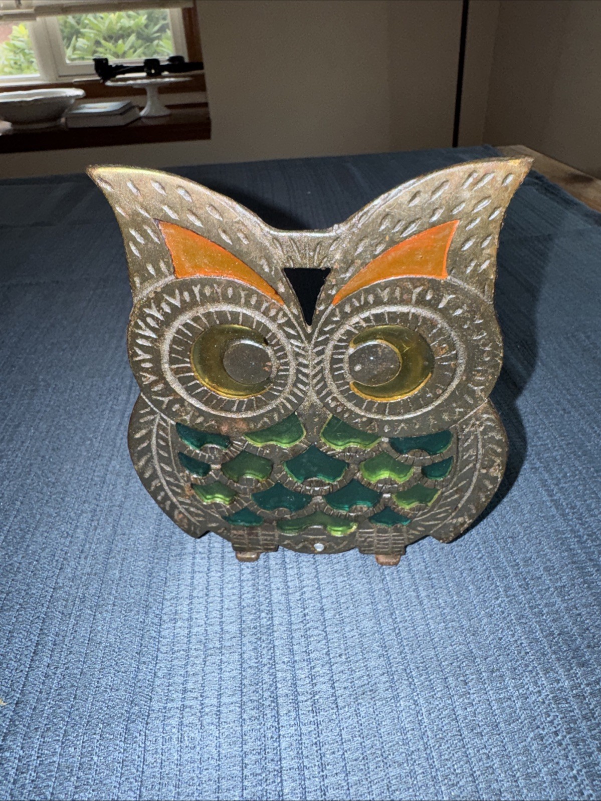 VTG Cast-Iron Stained Glass Mcm Owl Napkin Letter Holder Bright Colors 6 Inch