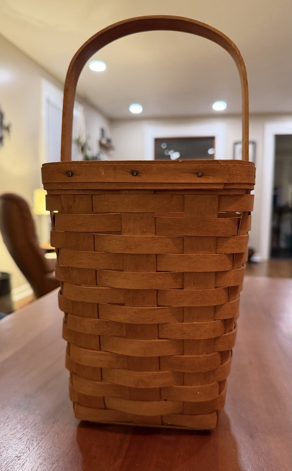 Vtg 1999 Longaberger Tall Tissue Basket Handwoven Wood Handle Signed 7.5