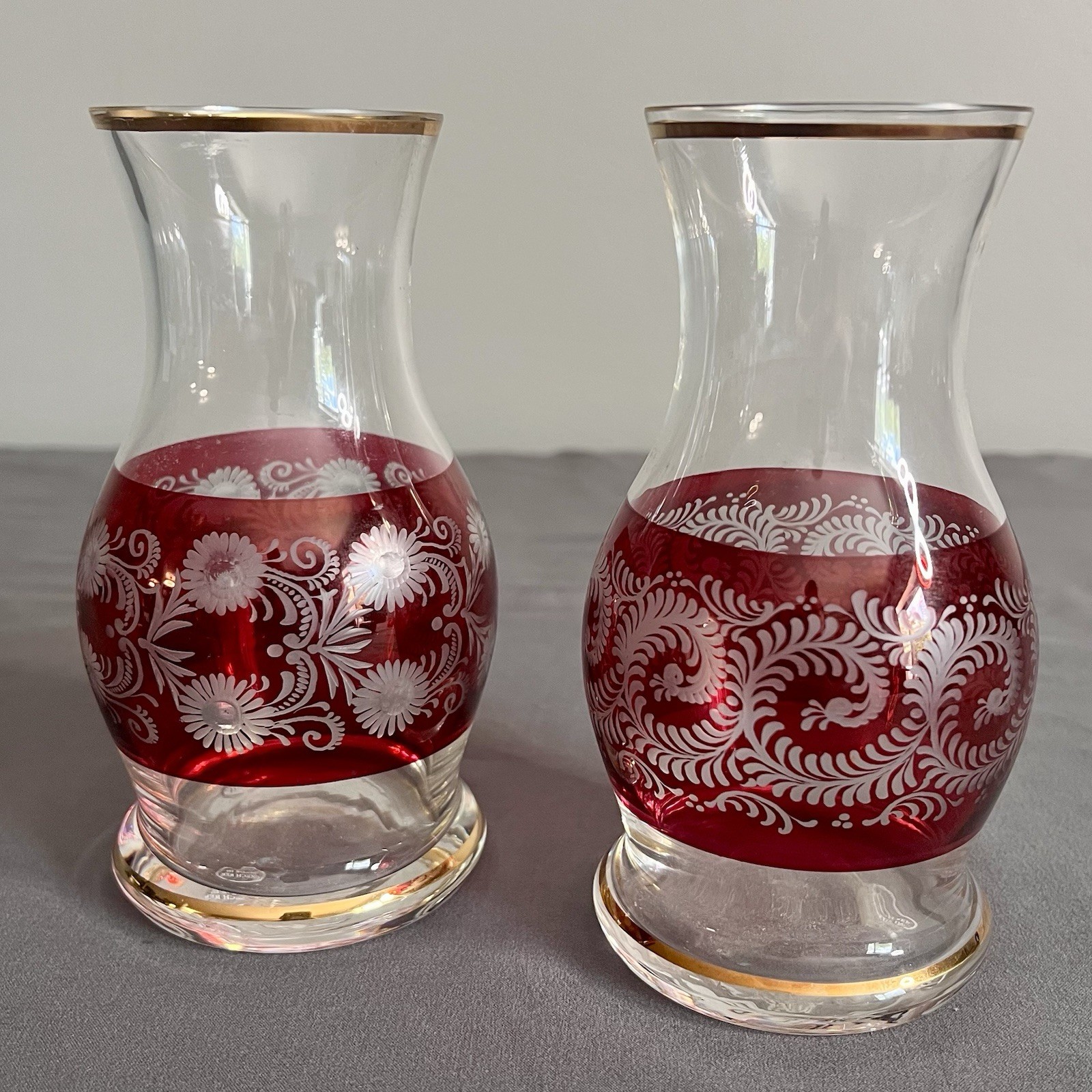VTG Pair Of Bohemian Ruby Red Cut To Clear Vases Egermann Style Czech Art Rare