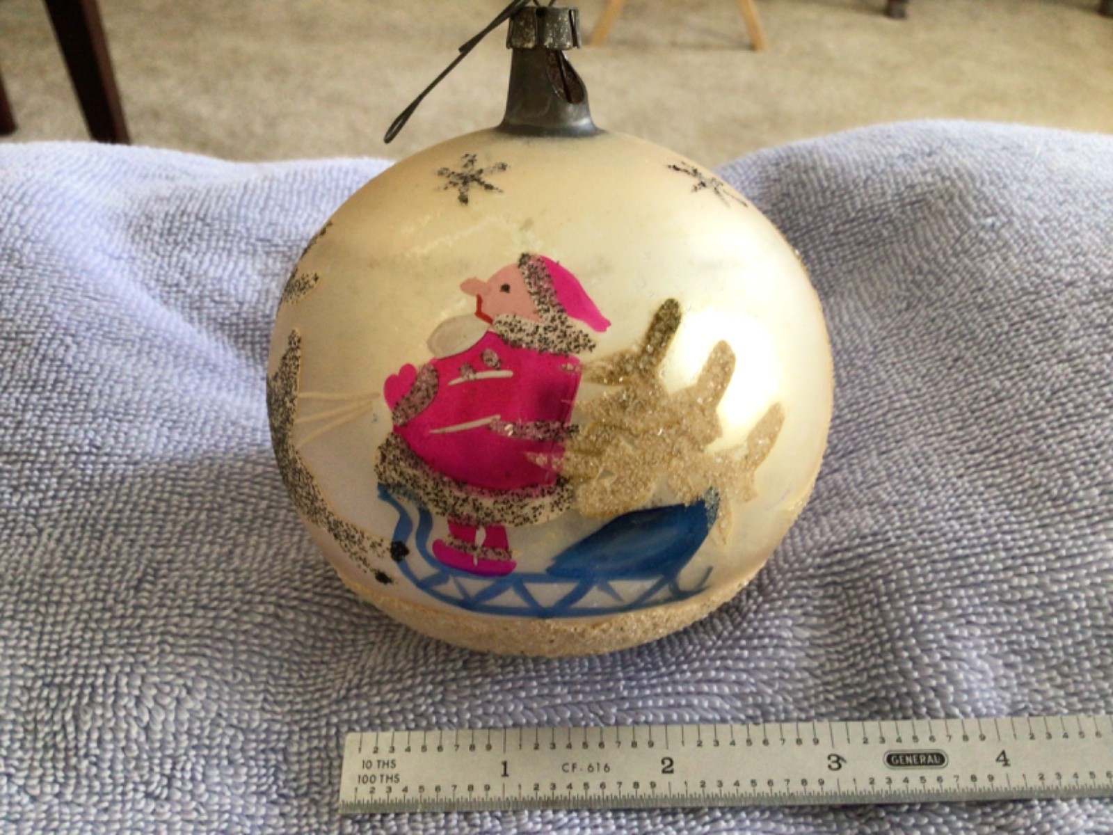 Vintage Glass Christmas Ornament (some damage)-Jumbo Santa Sleigh