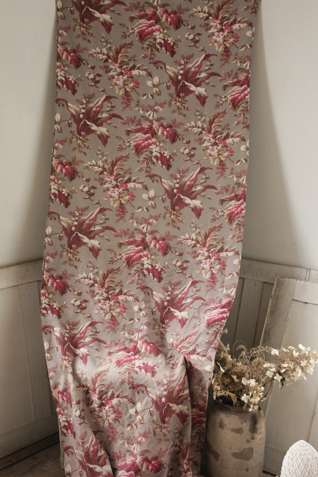 Antique French fabric c1880 printed cotton floral furnishing material gray & red