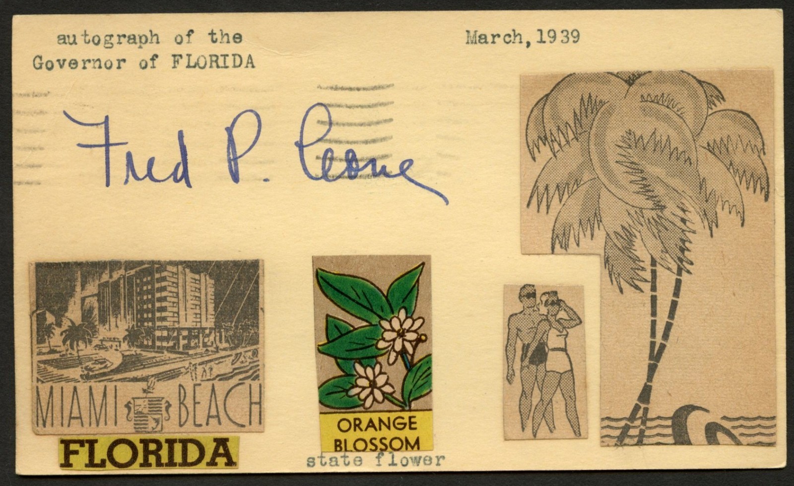 Frederick Preston Cone d1948 signed autograph Governor of Florida Post Card Frederick Preston Cone d1948 signed autograph Governor of Florida Post Card