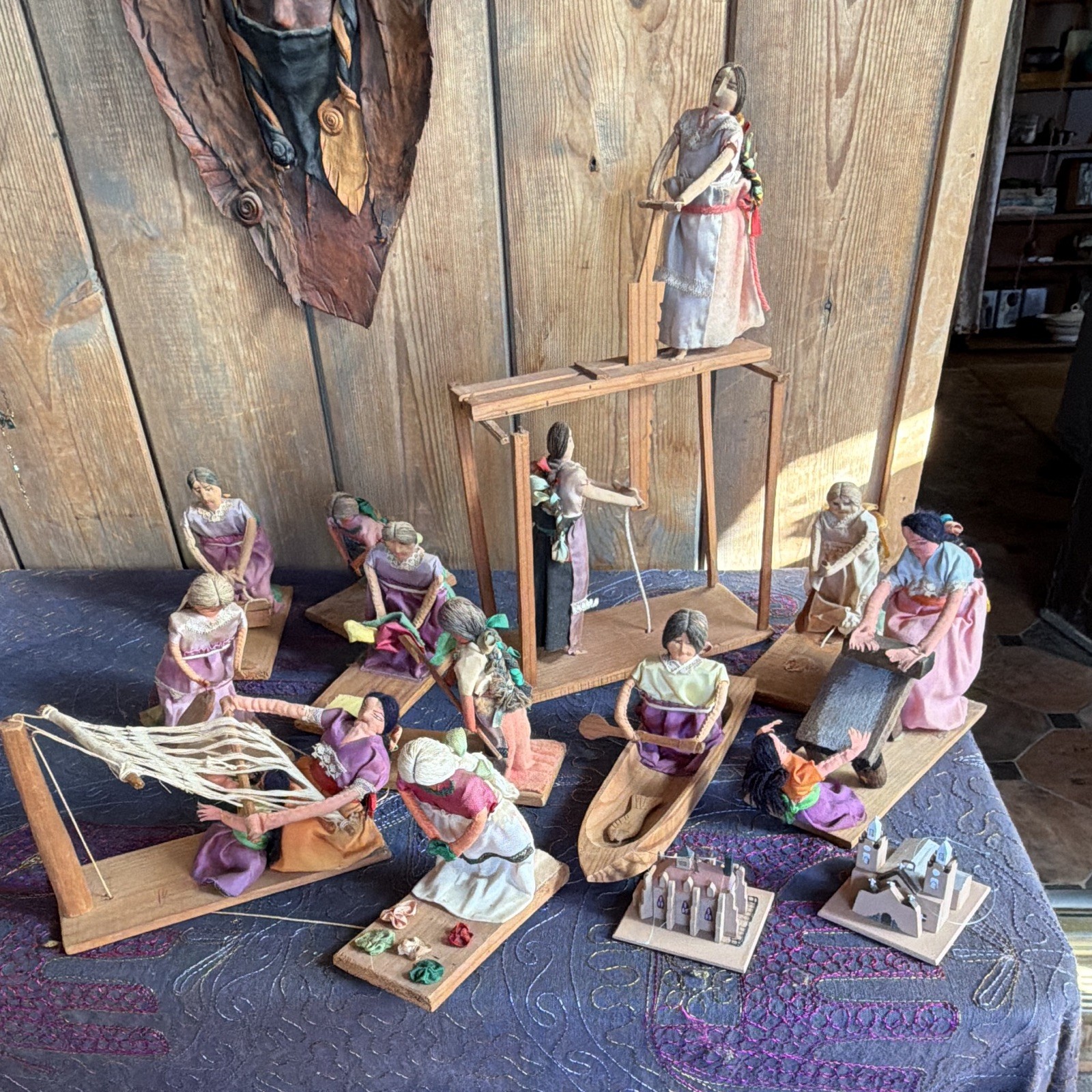 Vintage 1970s Folk Art Figurine Set Women Weaving Scene Wood Fabric Signed Vintage 1970s Folk Art Figurine Set Women Weaving Scene Wood Fabric Signed