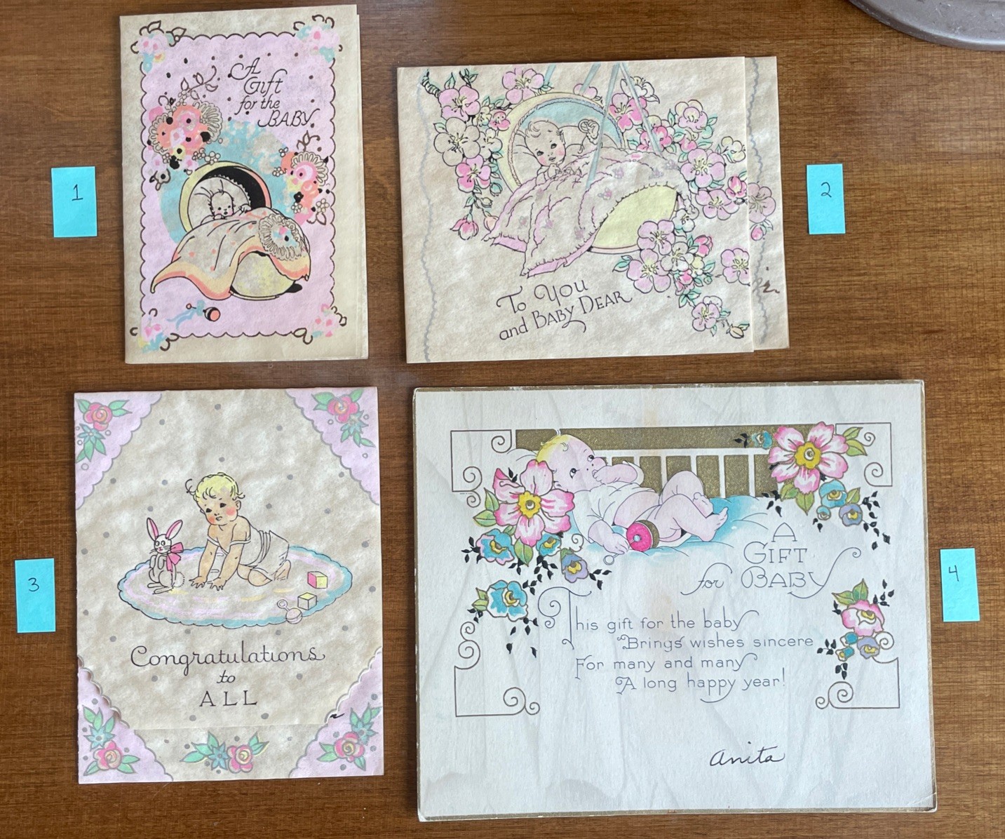 Art Deco New Baby Gift Cards Lot of 4 Vintage 1930s Congrats Shower Rust Craft 