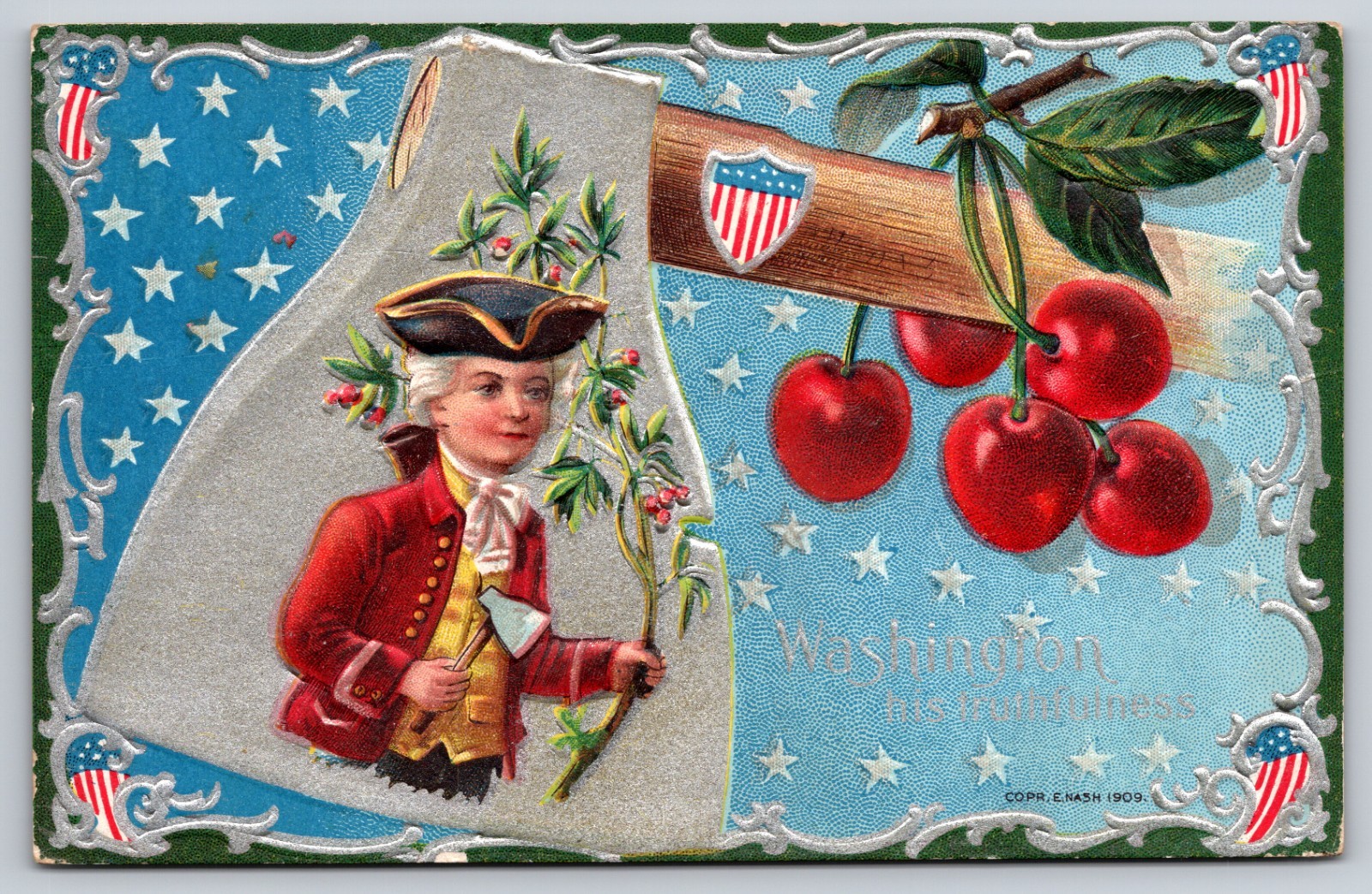 A Young George Washington With His Hatchet & Cherries On This Birthday Postcard.