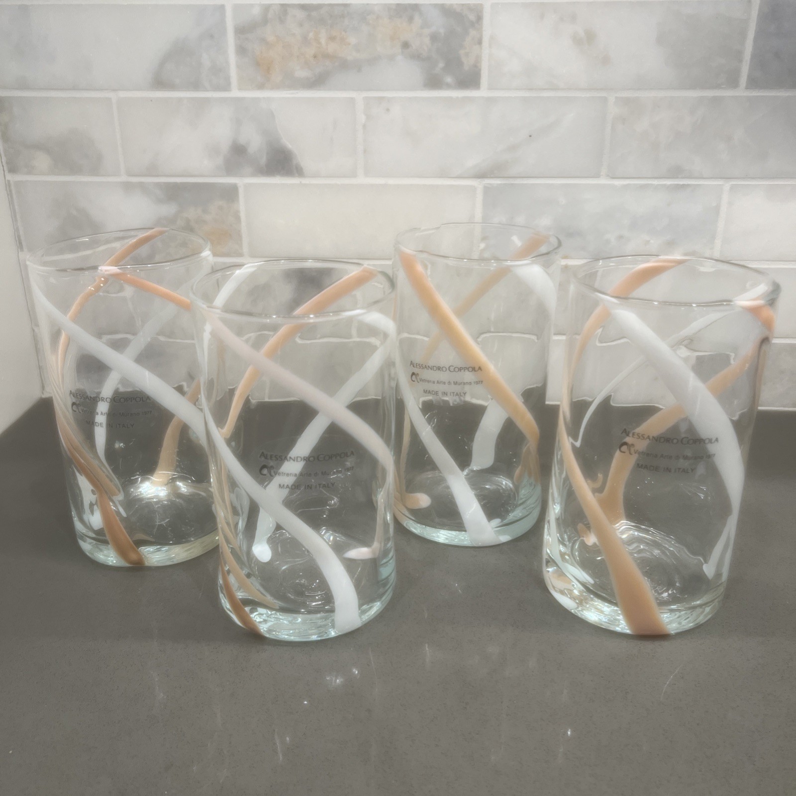 Set of 4 Murano Alessandro Coppola Peach Swirled 5.75” Indented Glasses Set of 4 Murano Alessandro Coppola Peach Swirled 5.75” Indented Glasses