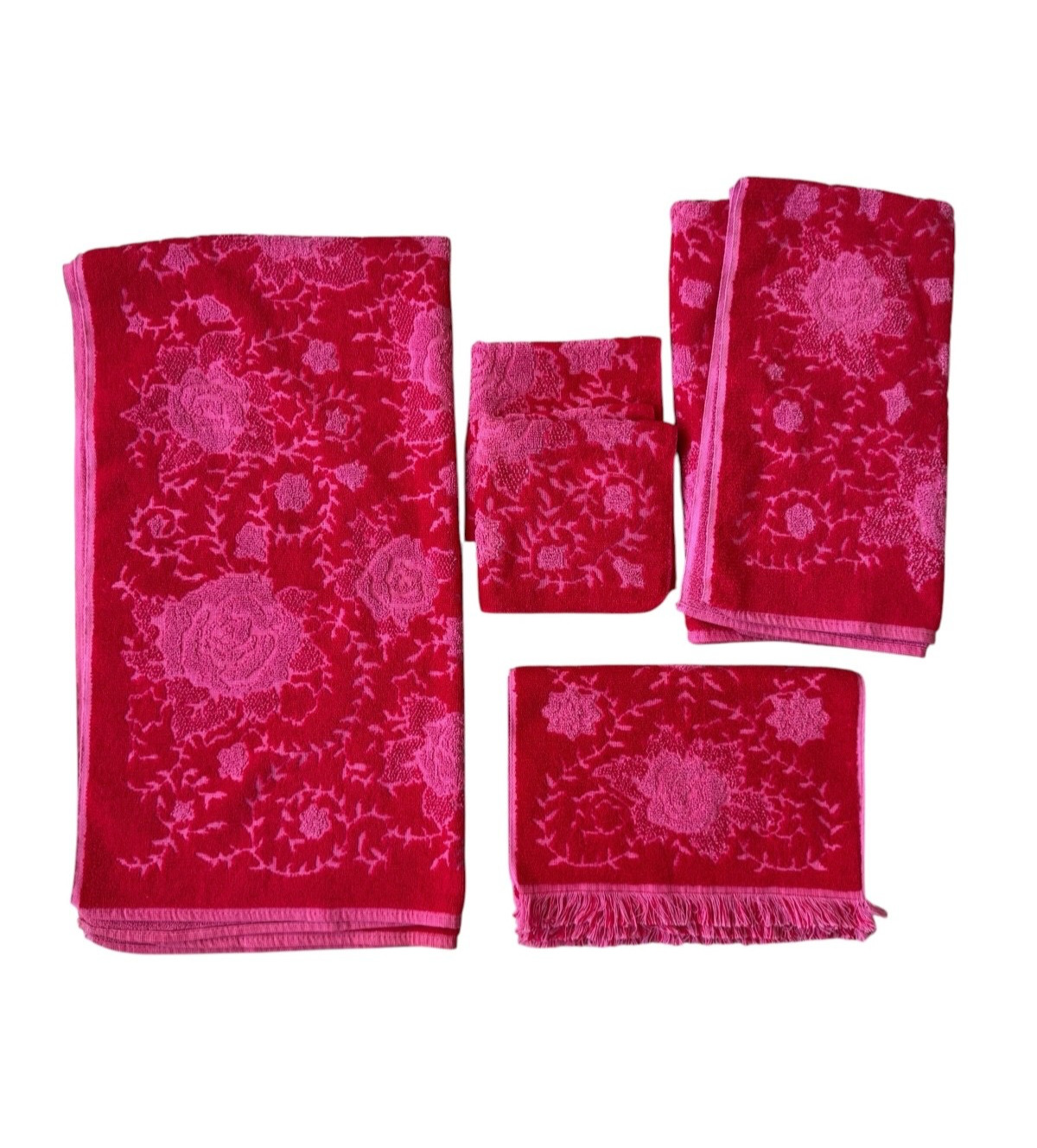 Vintage 70s Style House Montgomery Ward Pink & Red Floral Towel SET