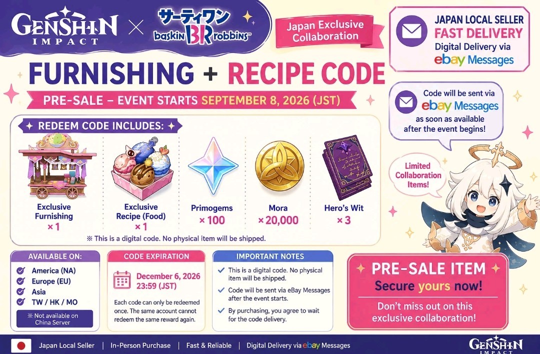 Genshin Impact x Baskin Robbins JPN Collab Redeem Code Limited Event Excl. Genshin Impact x Baskin Robbins JPN Collab Redeem Code Limited Event Excl.