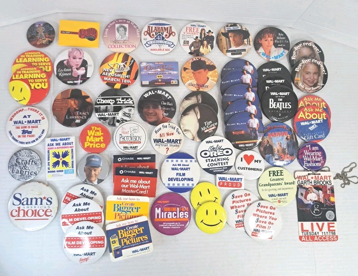 80s 90s Walmart Promo Pin Lot 50+ Music Country Rock Garth Brooks Beatles Hanson 80s 90s Walmart Promo Pin Lot 50+ Music Country Rock Garth Brooks Beatles Hanson