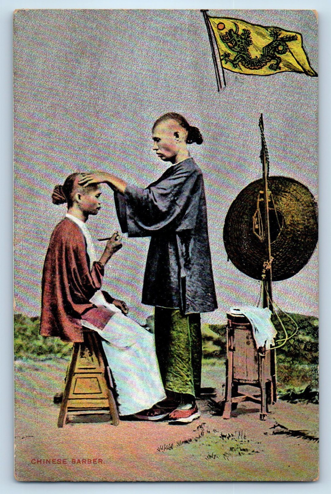 Shanghai China Postcard Chinese Barber Dragon Flag U Post Office 1908