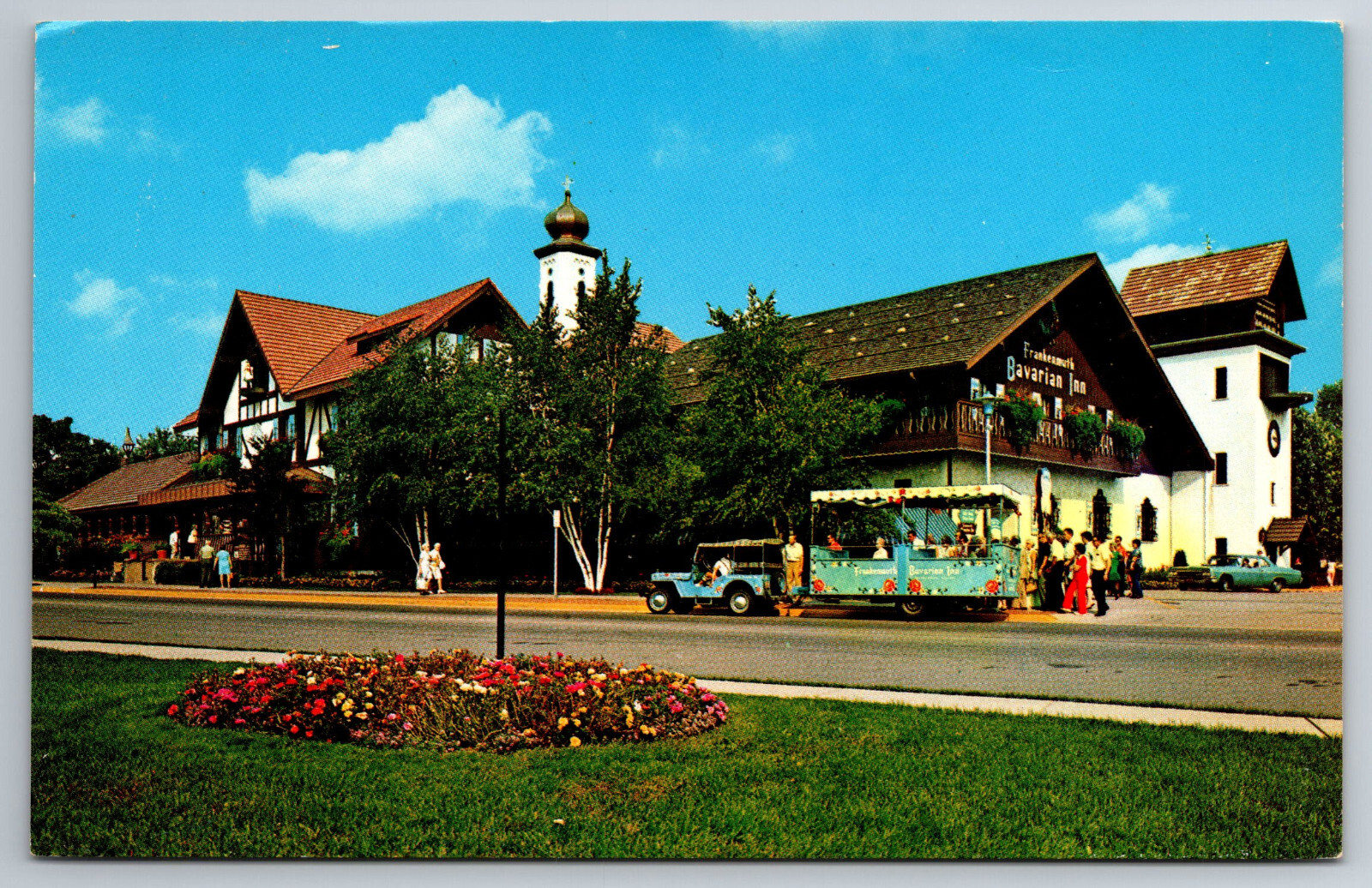 Vintage Postcard MI Frankenmuth Bavarian Inn Train Old Cars Chrome ~8261