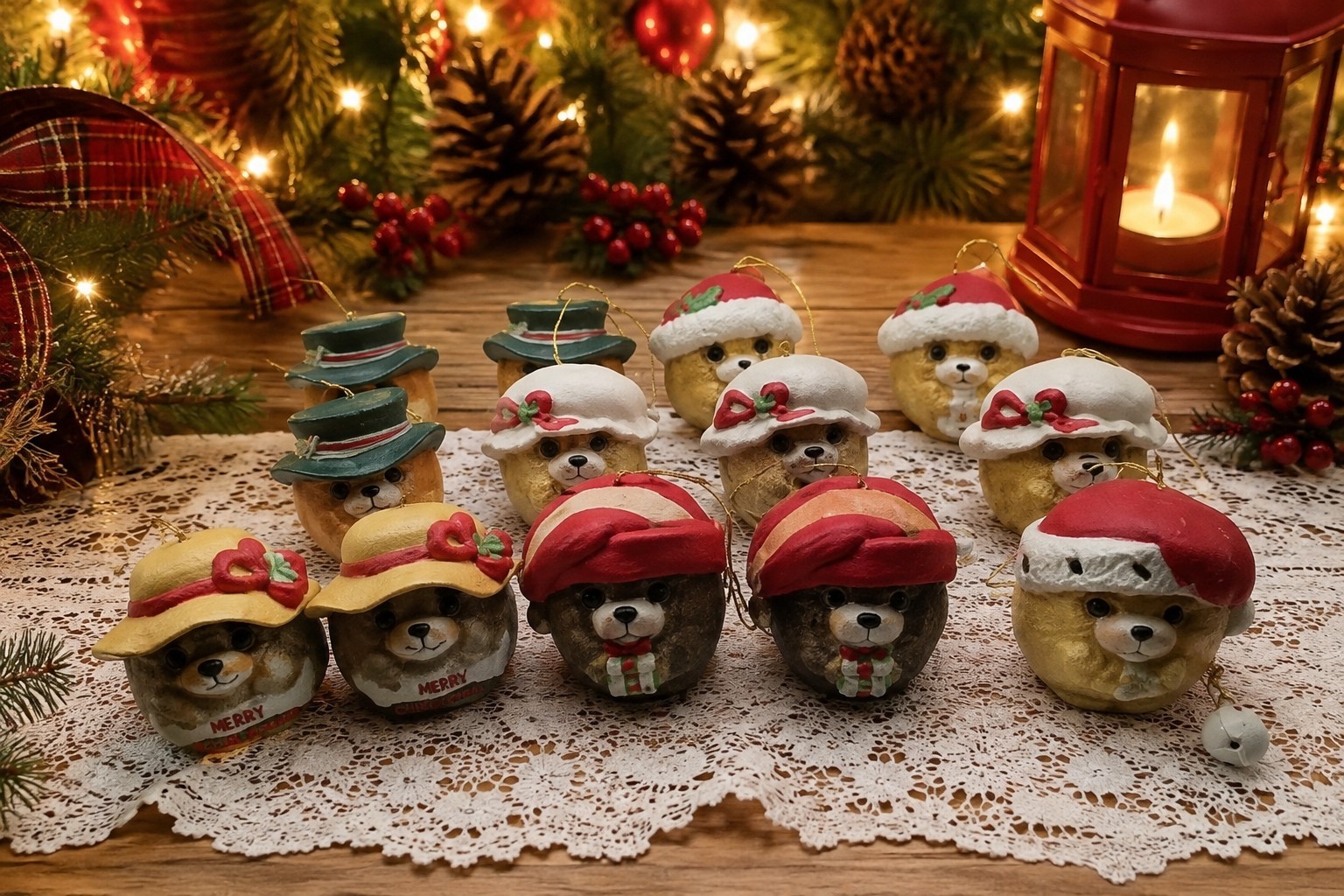 Vintage 1980s Christmas Bear Chime Bell Ornaments Lot of 13 Hand Painted Ceramic
