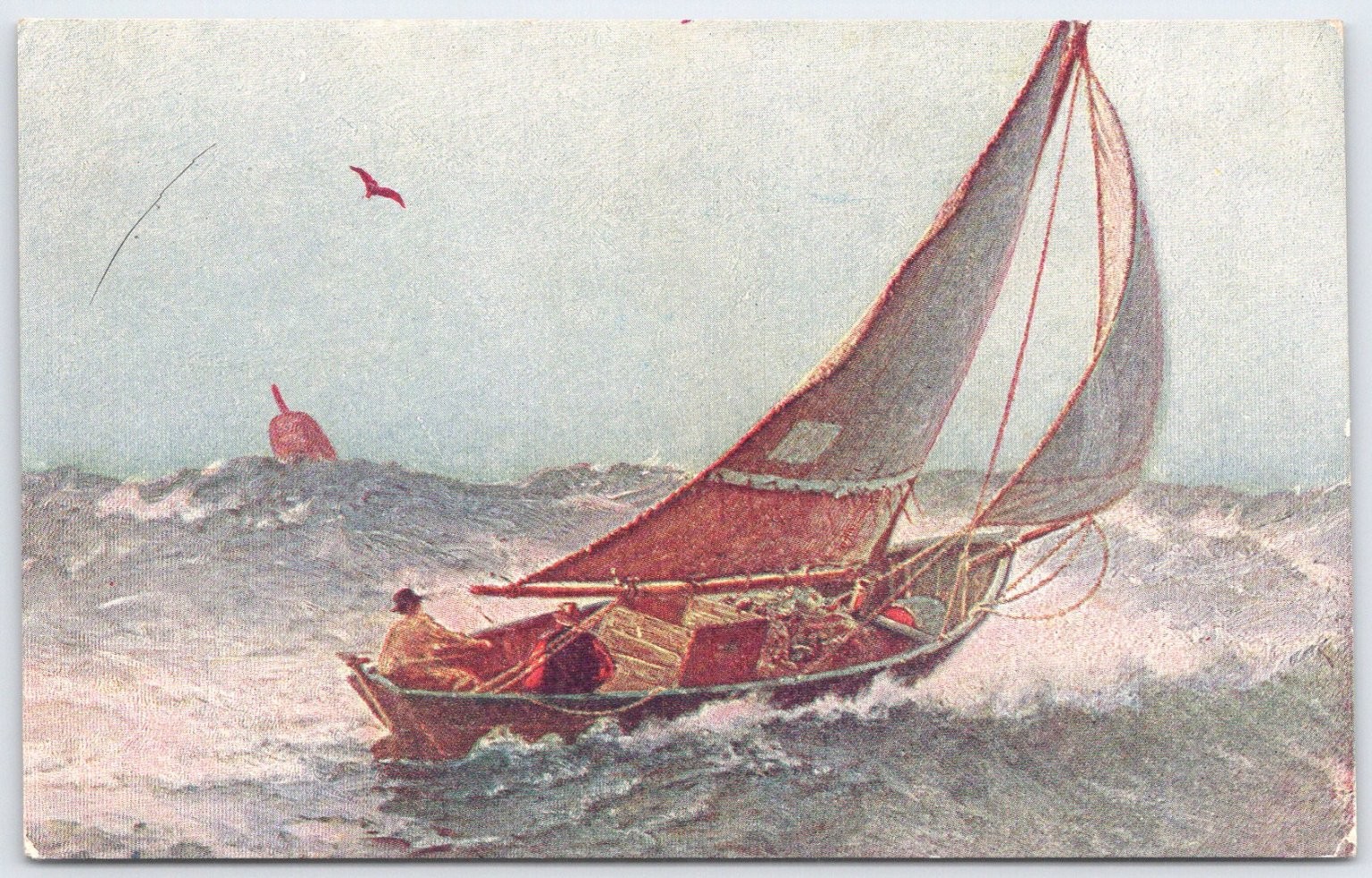 Vintage Sailboat Postcard with Red Sails on Rough Sea, Early 1900s