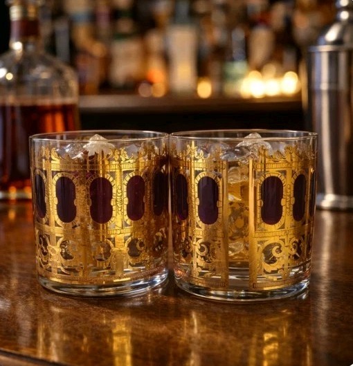 Vintage MCM Culver Cranberry Gold Scroll Lowball Rocks Glasses Set of 2
