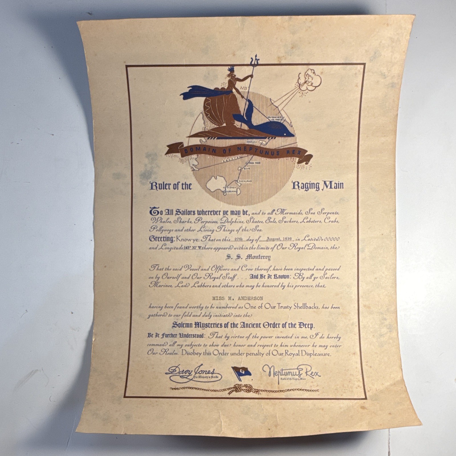 1933 USS Monterey Neptunus Rex Shellback Equator Crossing Certificate Navy paper
