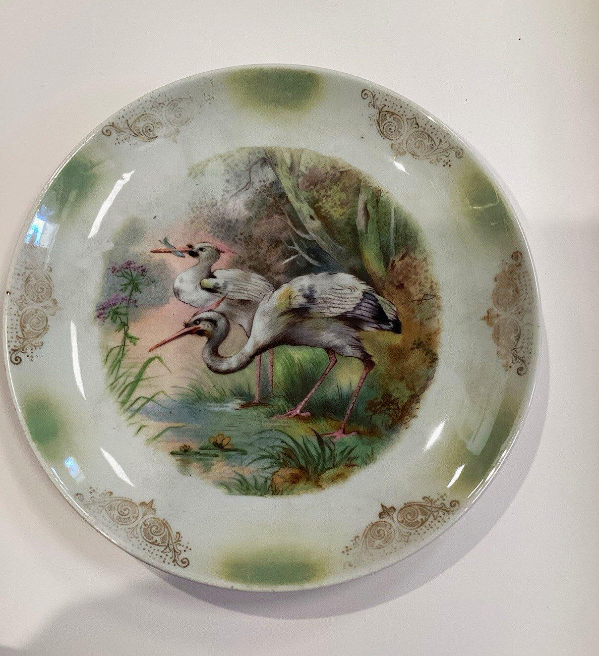 Antique Leuchtenburg Germany Porcelain 8” Plate Heron Crane Birds Gold Trim Antique Leuchtenburg Germany Porcelain 8” Plate Heron Crane Birds Gold Trim