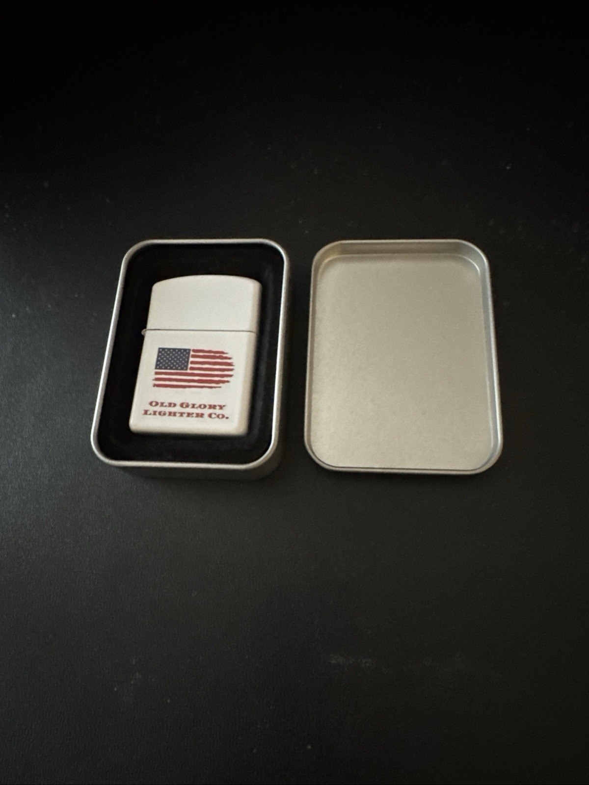 VTG Old Glory Lighter Co. WHITE MATTE LIGHTER American Flag Unused IN Tin Box