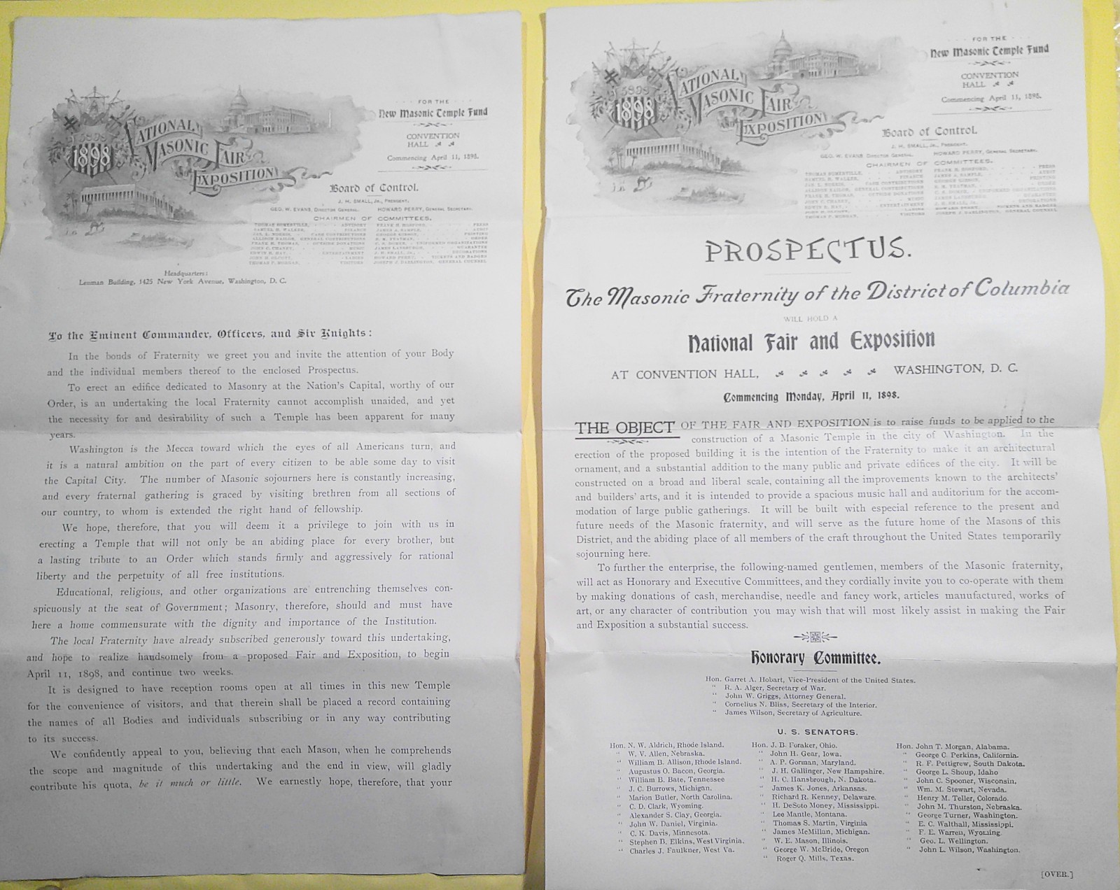 1898 National Masonic Fair Lot 14in Prospectus & Letter New Temple Washington DC